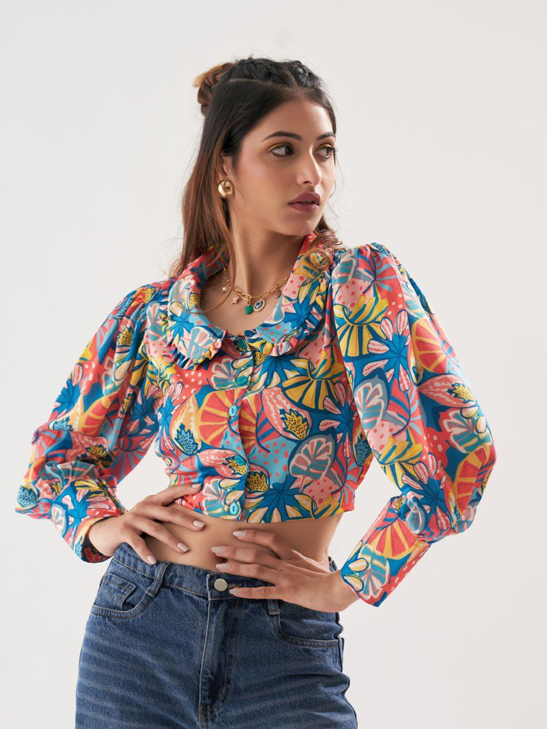 BOONS n PERKKS Print Peter Pan Collar Satin Shirt Style Crop Top