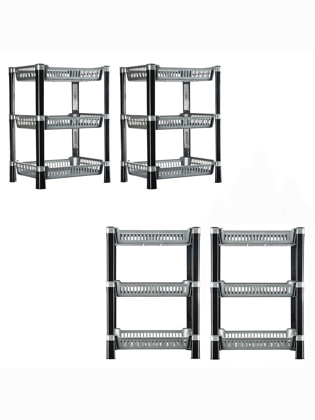 Kuber Industries Silver Toned & Black 4 Pieces Multipurpose 3 Tier Racks For Storage