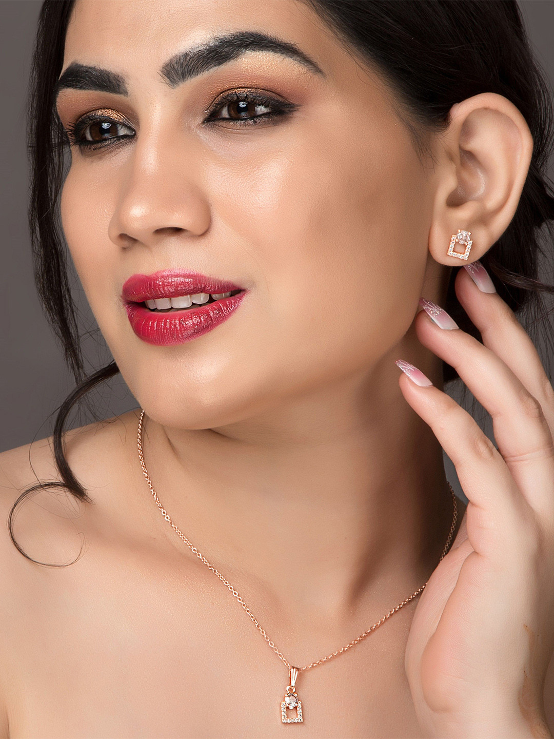 Kord Store Rose Gold Plated American Diamond Studded Latest Square Shape Pendant Set