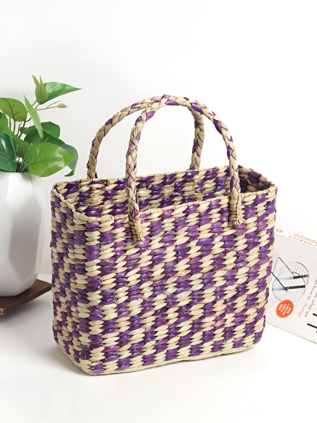 HABERE INDIA Purple Jute Wicker Tiffin Basket