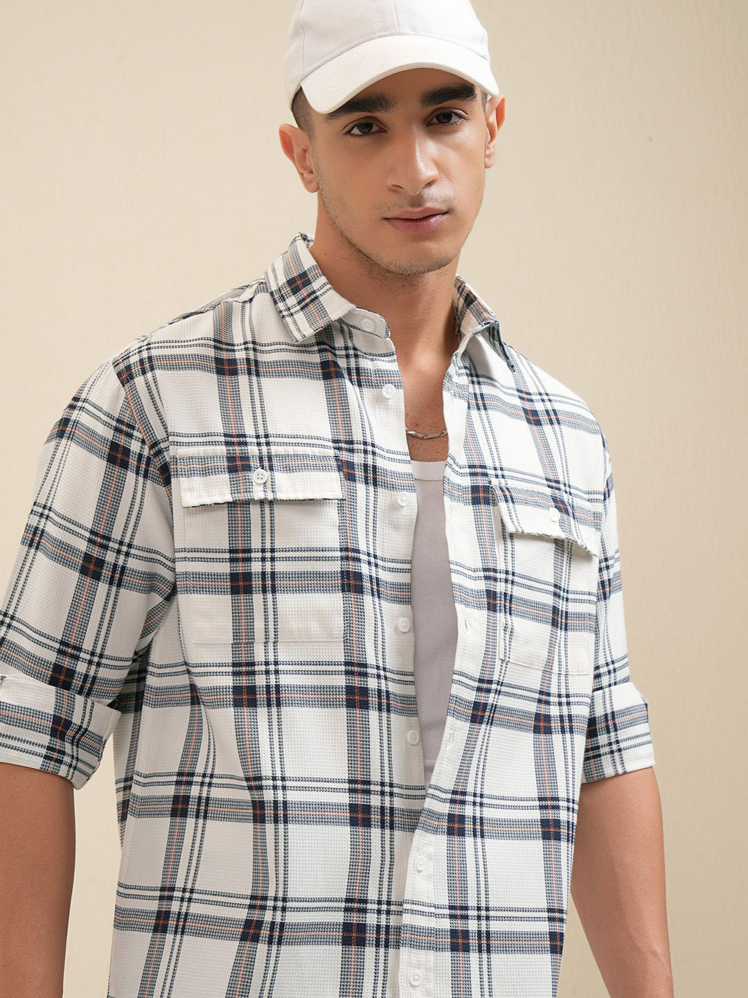 Highlander Men Off Mini Waffle Dobby Textured Checked Utility Pocket Relaxed Shirt