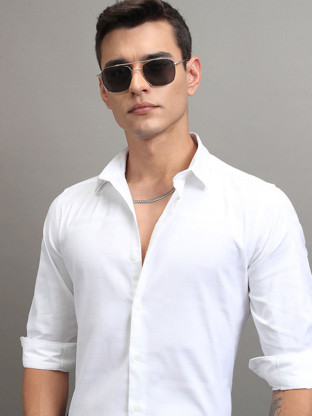 Highlander Men White Dobby Textured Solid Multi Occasion Slim Fit Shirt