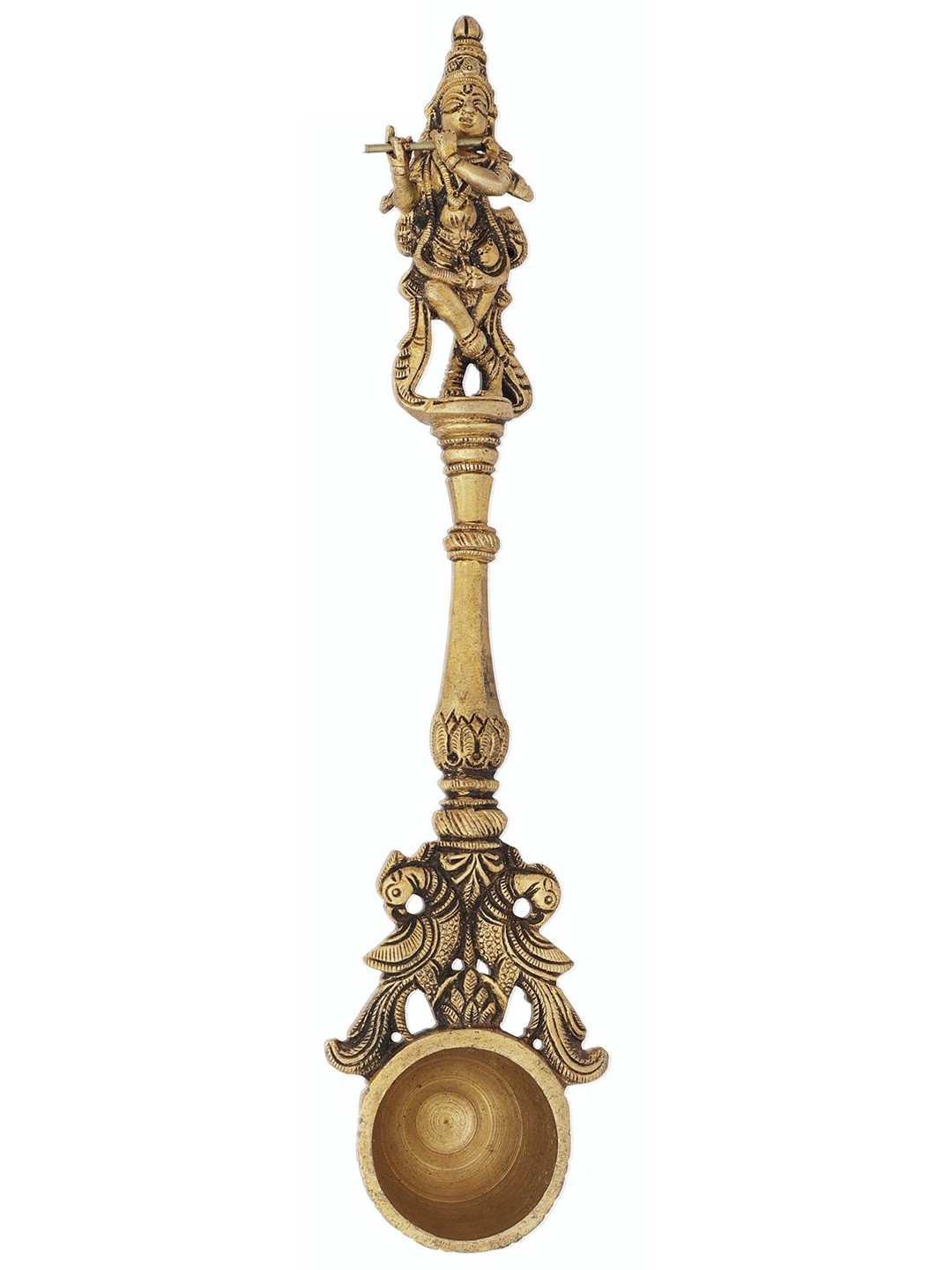 Exotic India Gold Toned Krishna & Peacock Textured Ritual Spoon