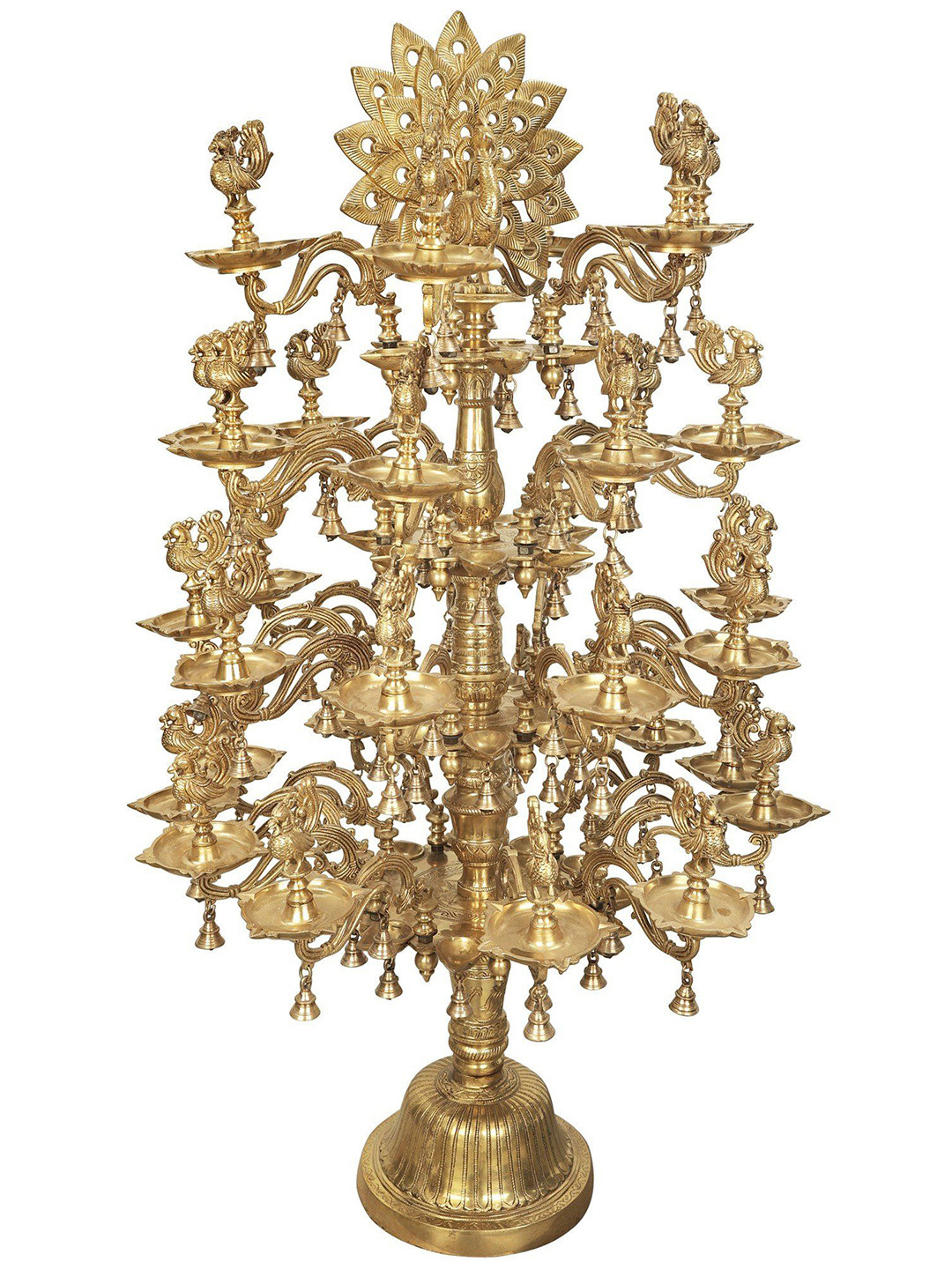 Exotic India Gold Toned Brass Dancing Peacock Annam Lamp With Branching Vines & Bells