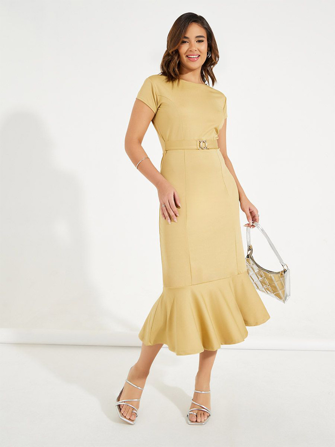 Styli Knitted Frill Hem Belted Sheath Midi Dress