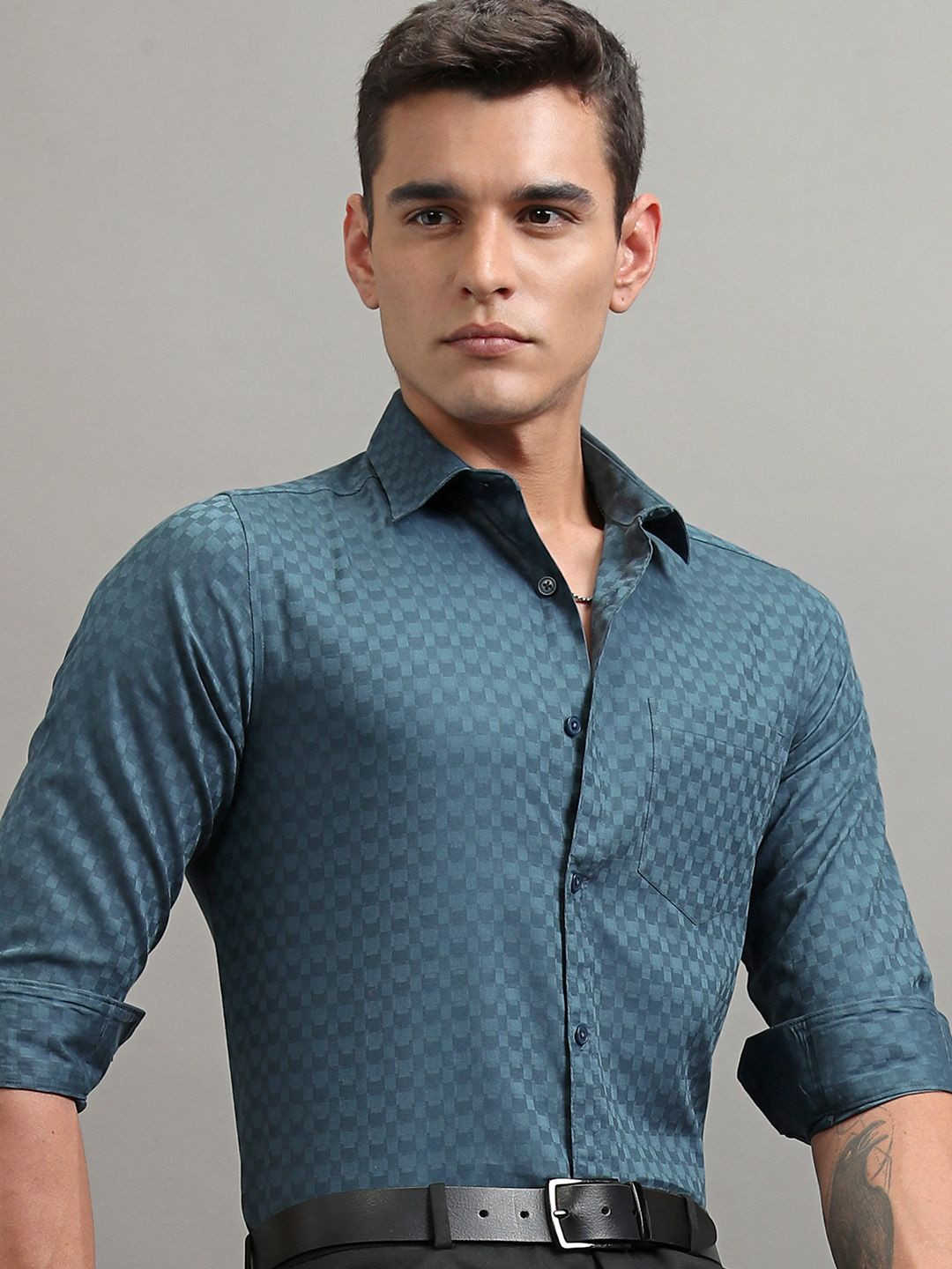 Highlander Men Graphite Blue Dobby Textured Solid Multi Occasion Slim Fit Shirt