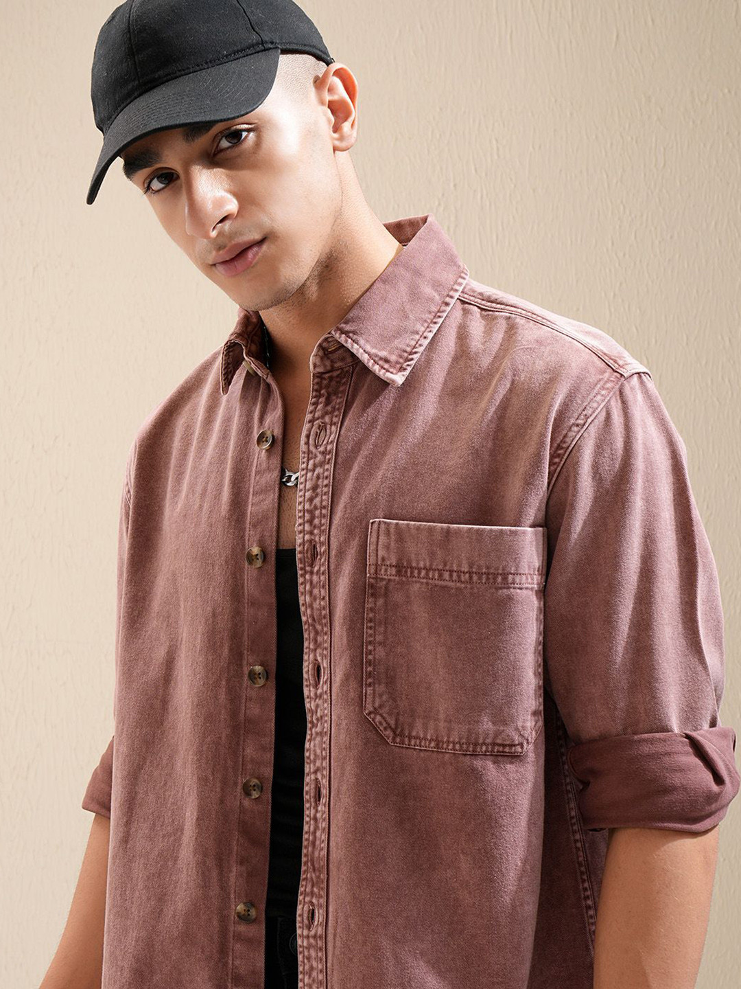 Highlander Men Maroon Denim Flap Pocket Oversized Shirt