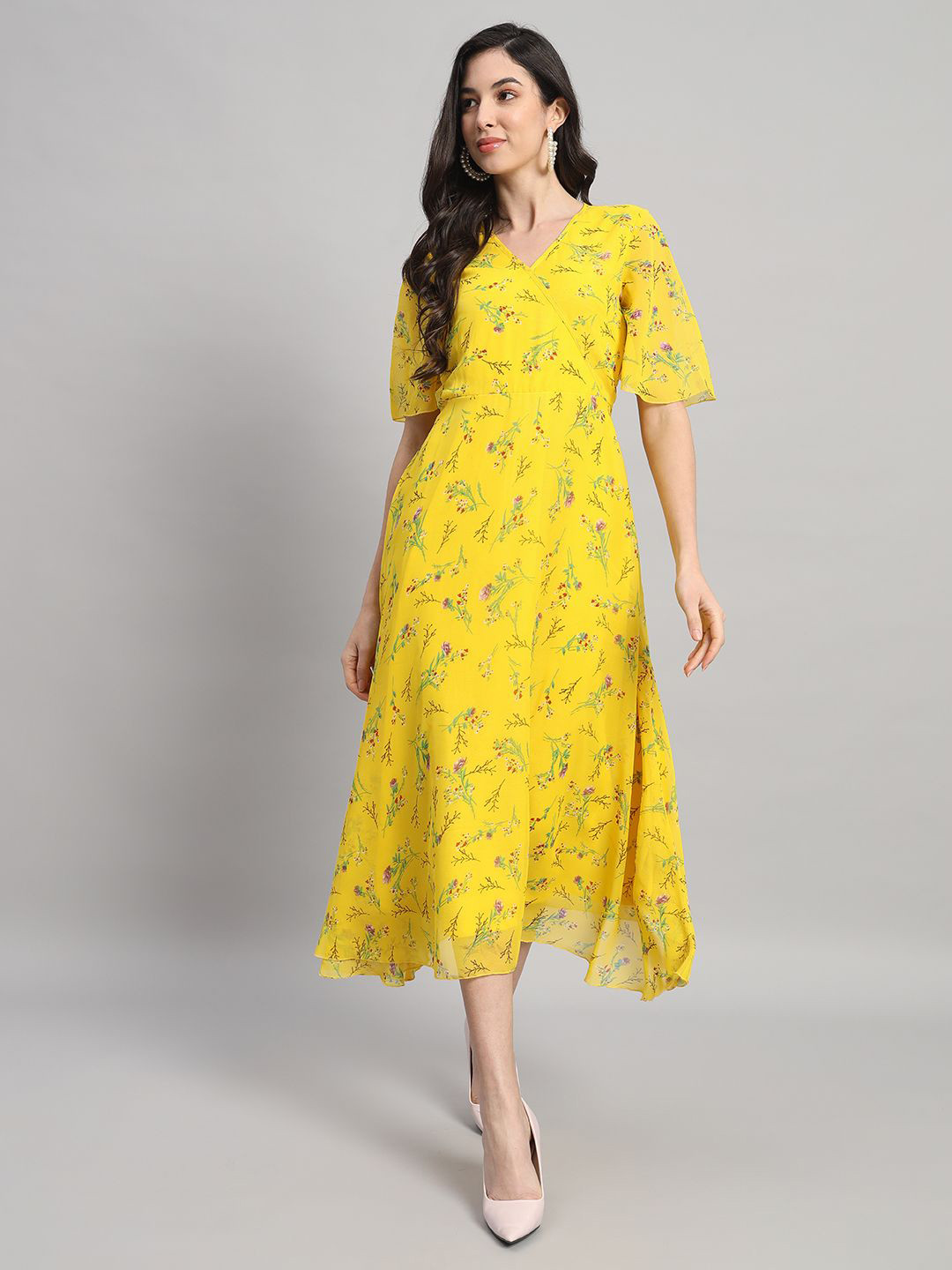 Curvydrobe Floral Printed Georgette Wrap Midi Dress