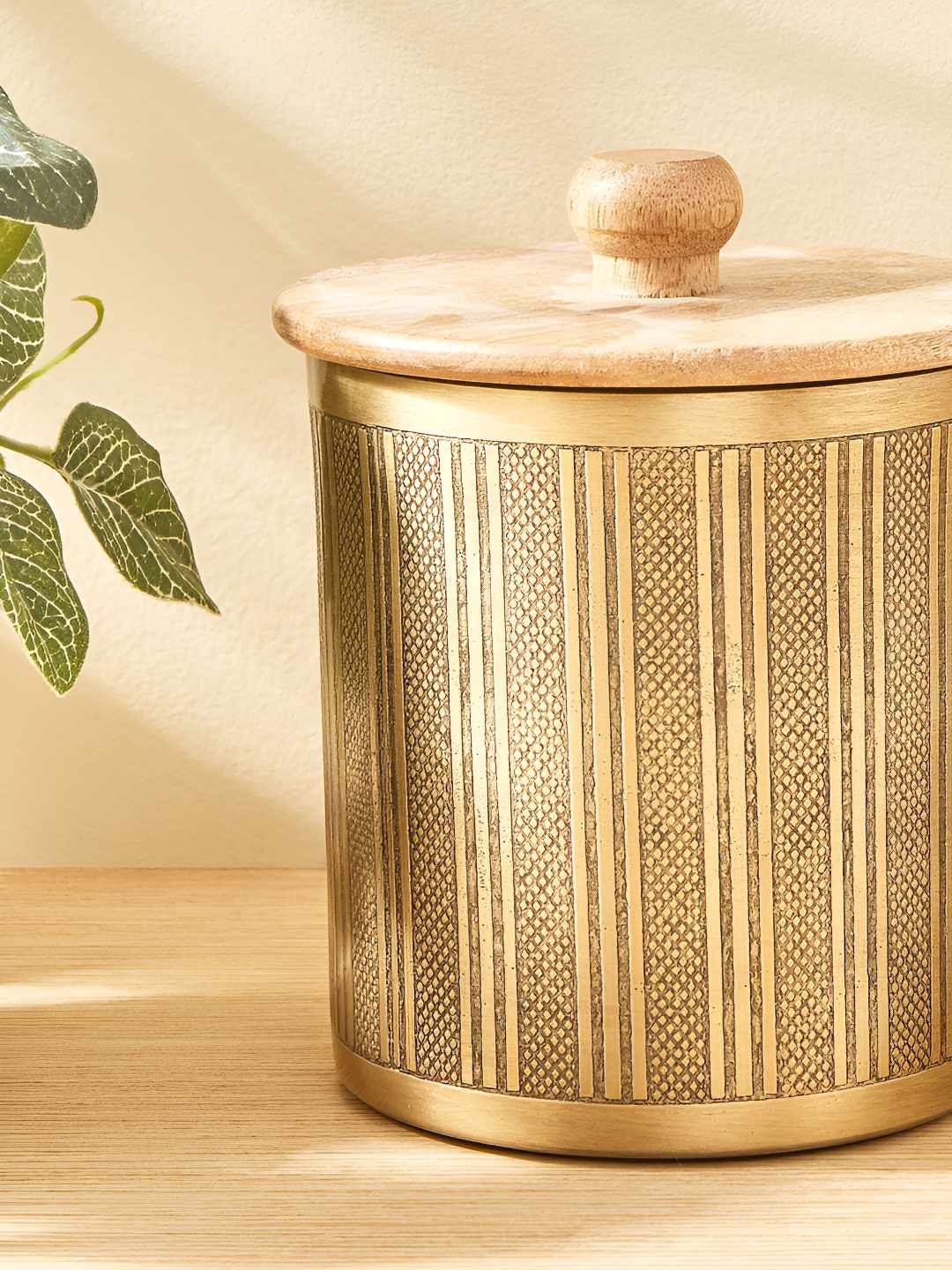 Home Centre Mirage Frasco Beige Striped Metal Clip-On Canister-500ml