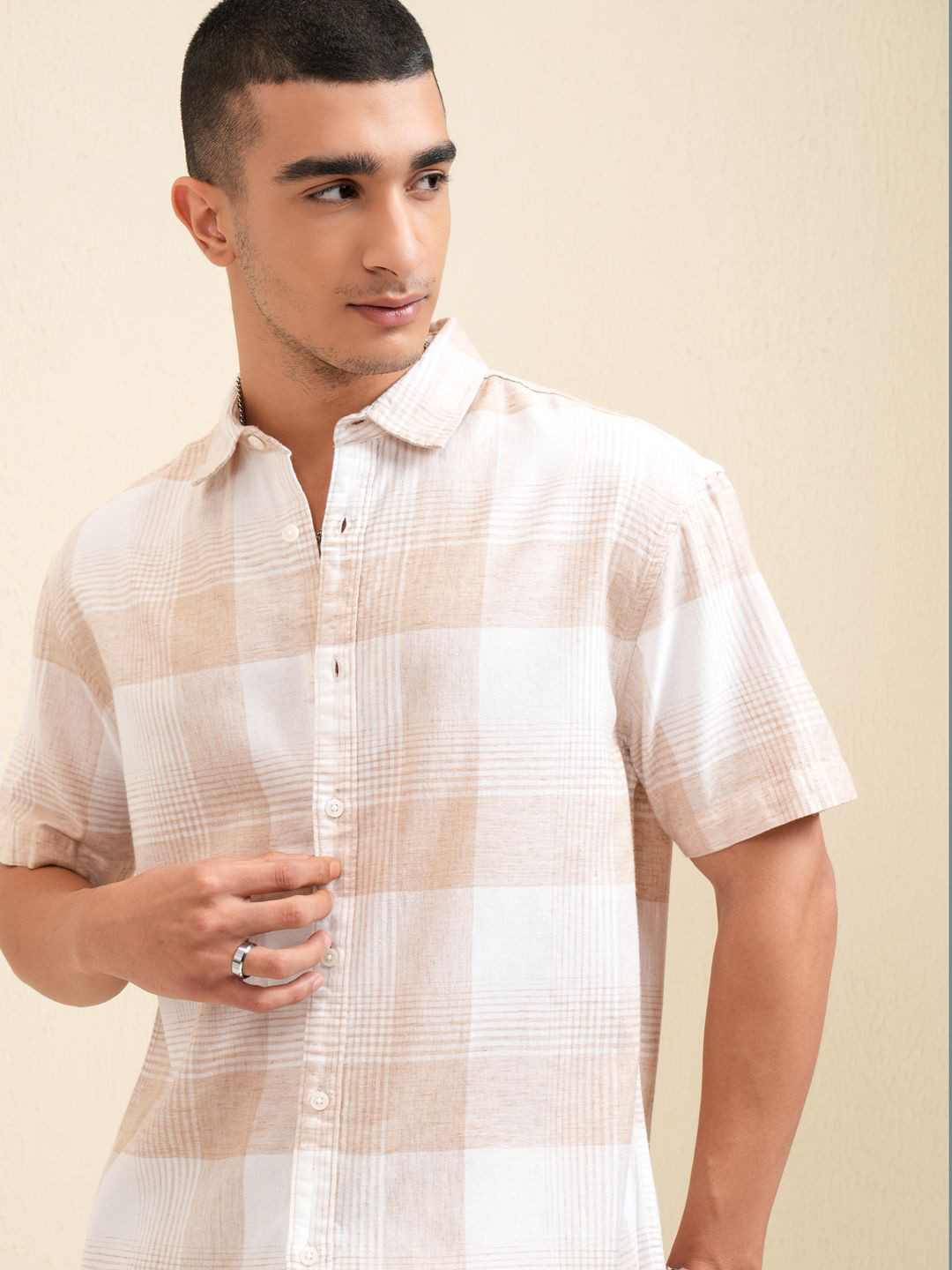 Highlander Men Natural Yarn Checked Relaxed Shirt