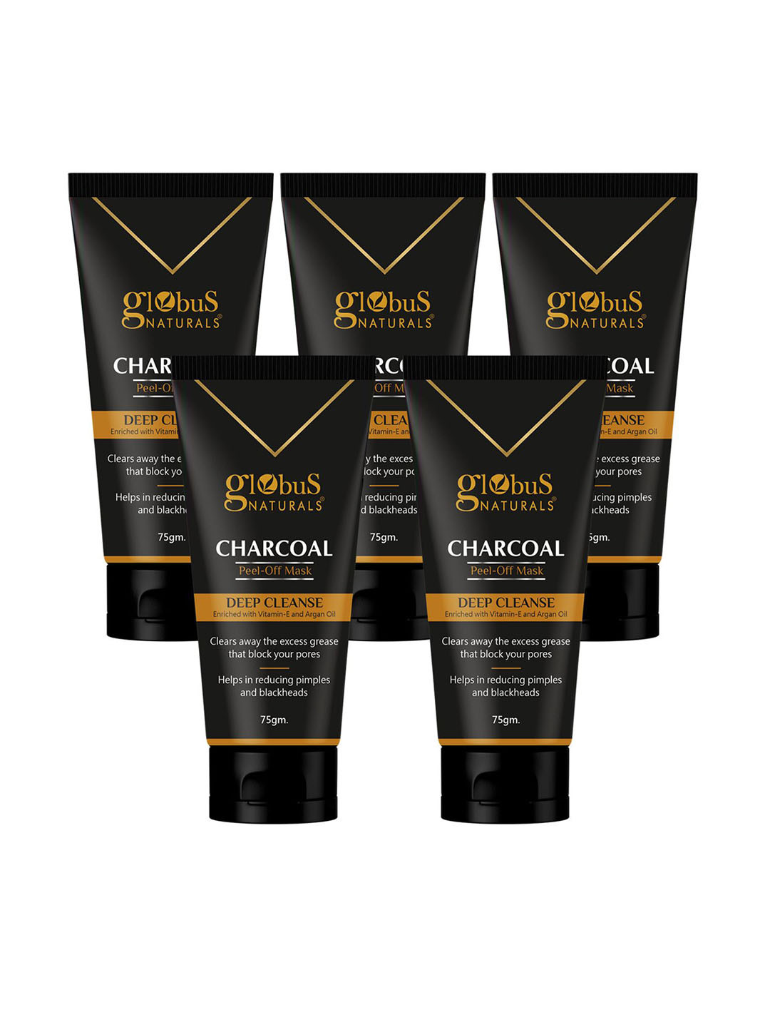 Globus naturals Set Of 5 Charcoal Peel Off Mask With Vitamin E & Argan Oil - 75g Each