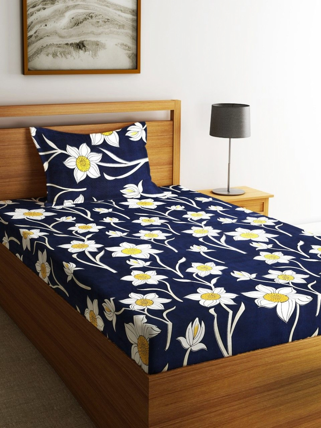 Fashion String Blue Floral Microfiber 144 TC Single Bedsheet with a Pillow Cover-85 x 55 inches