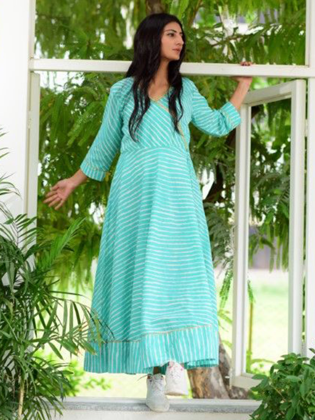 DIMPLE DESIGN STUDIO Striped Printed Tie-Up Maxi Dress