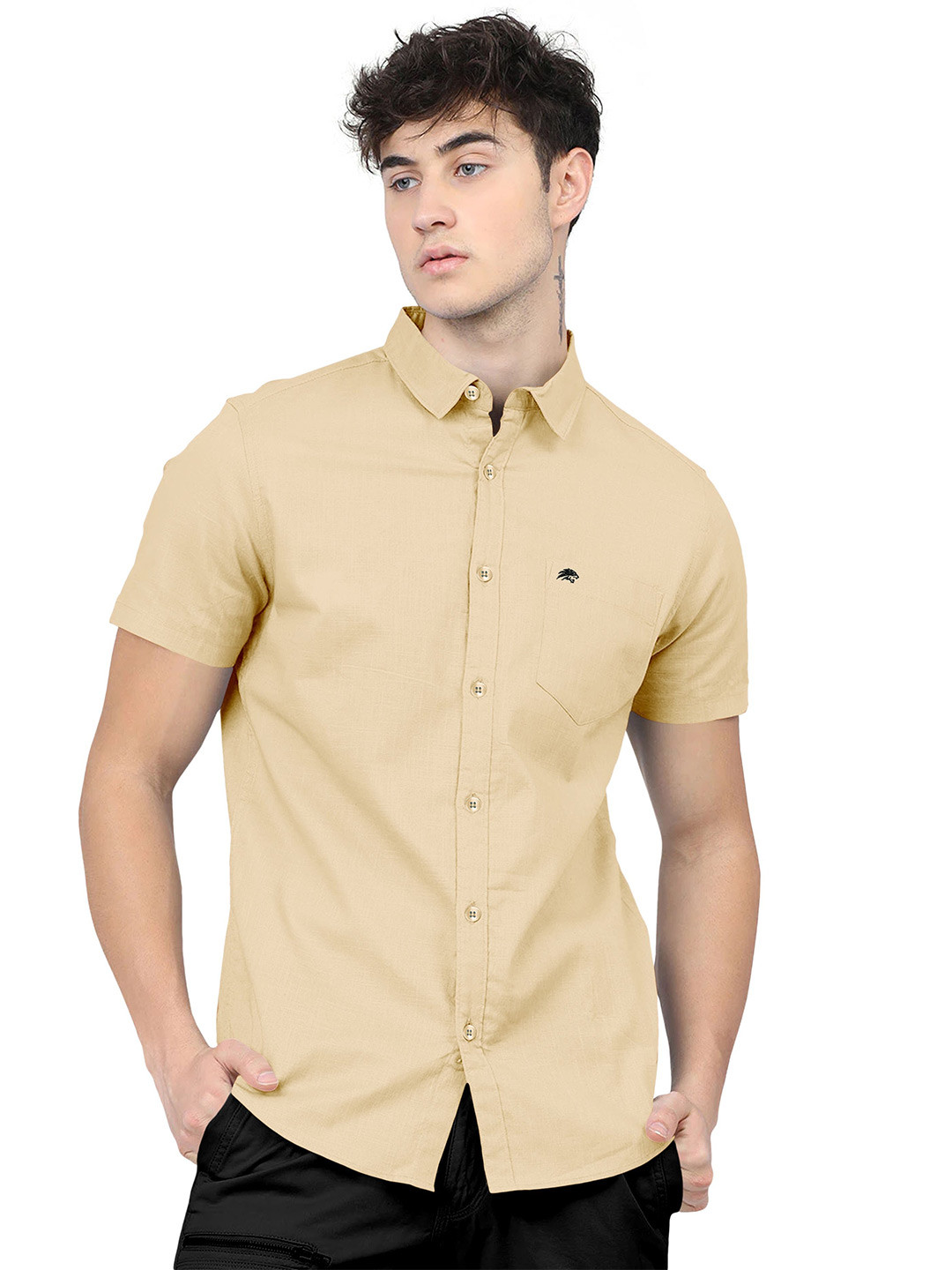 BRUCEWANE Men Standard Spread Collar Solid Cotton Semiformal Shirt