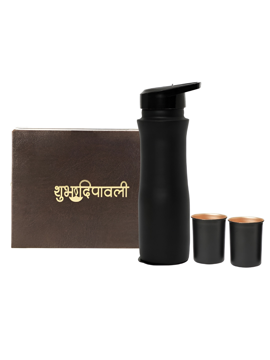 INTERNATIONAL GIFT Black Copper Water Bottle with 2 Glass & Happy Diwali Tag
