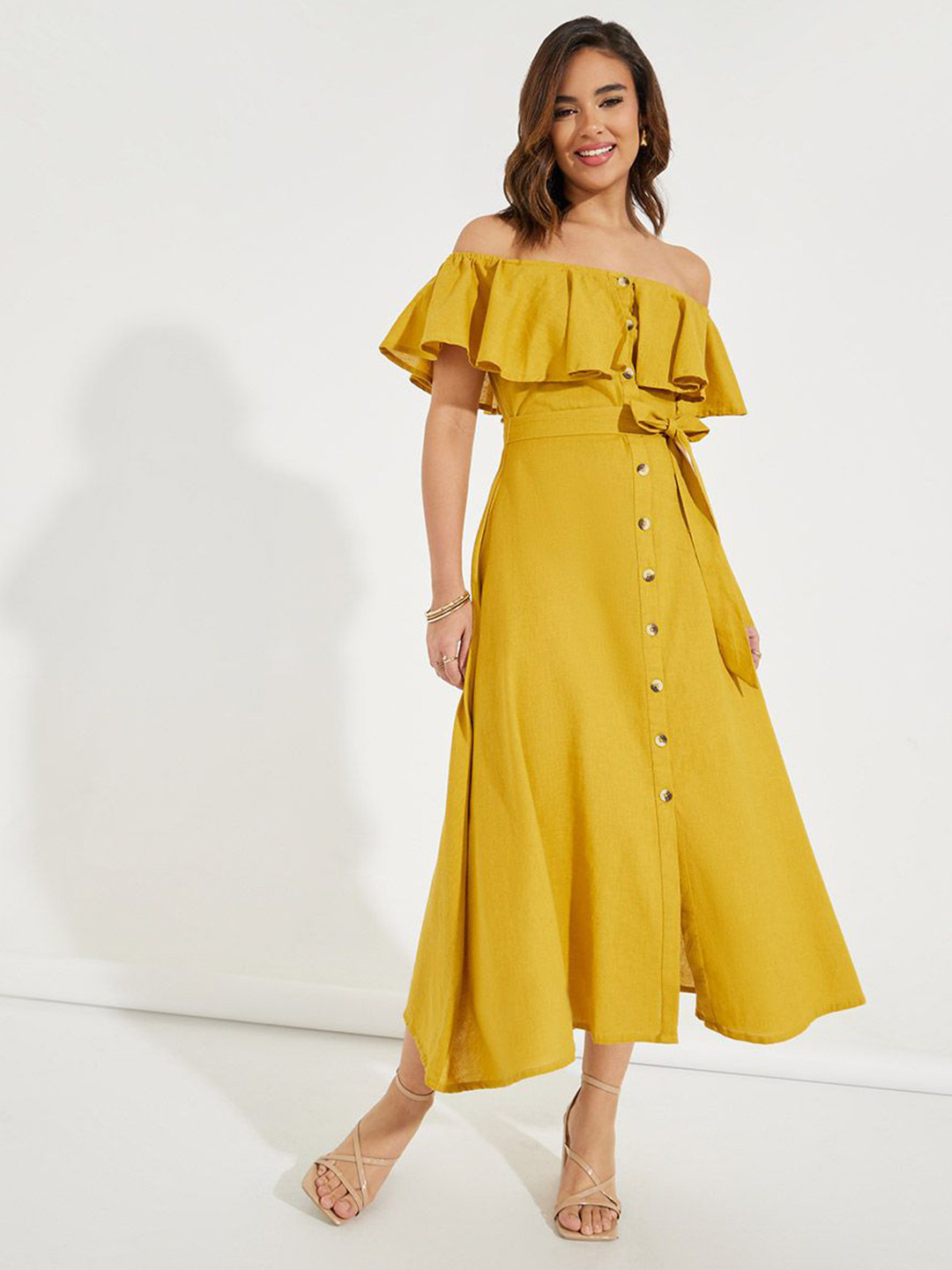 Styli Frilled Off Shoulder A-Line Maxi Dress with Tie Belt