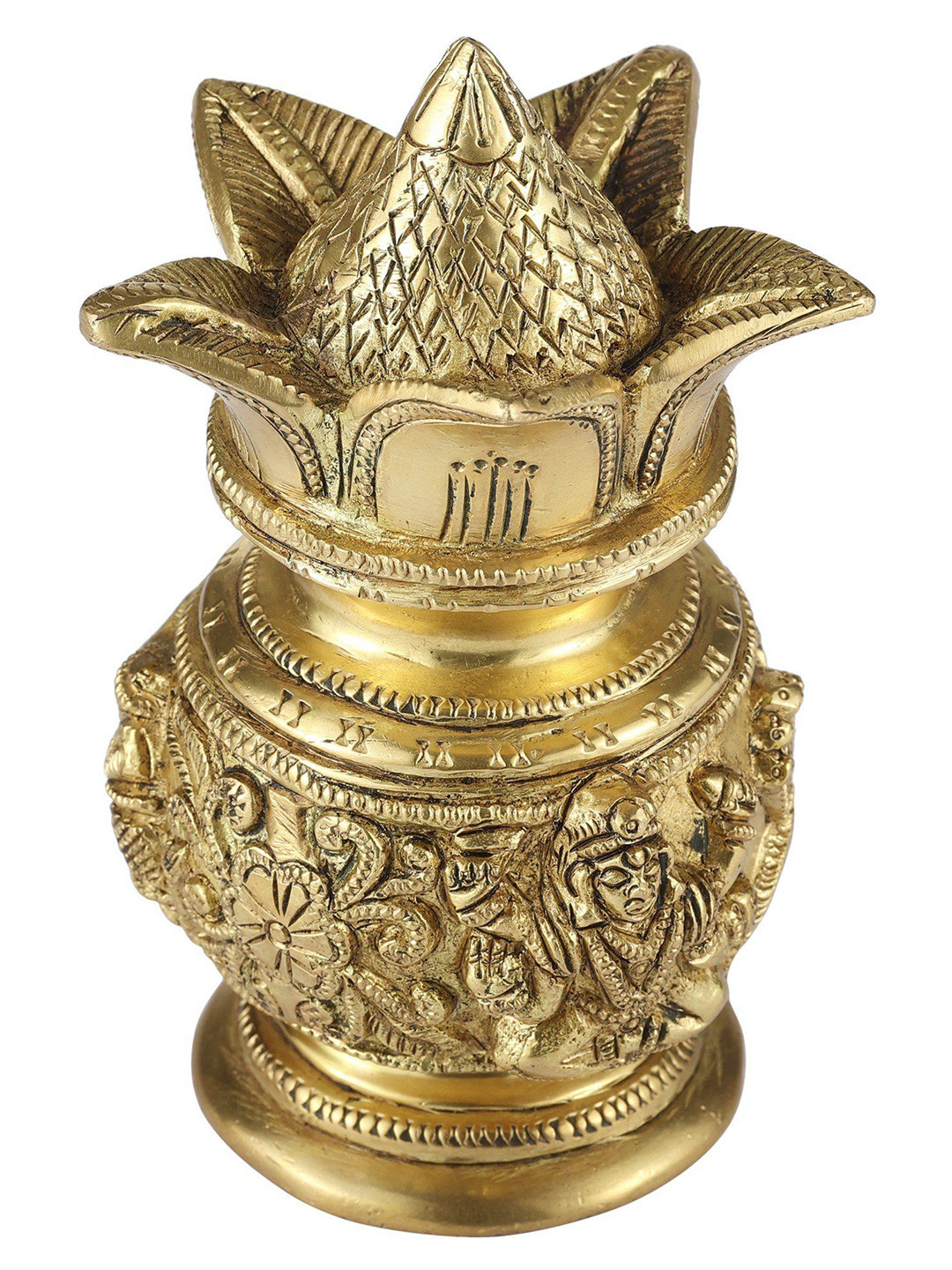 Exotic India Engraved Coconut Kalash Gold Brass Metallic Prayer Room Hand Made Medium Showpiece - 6 Inches