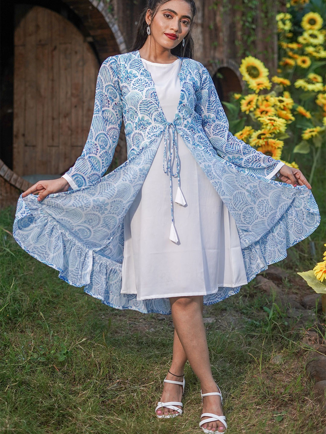 GO BOUJEE Floral Printed With Tie-Ups Cotton A-Line Dress