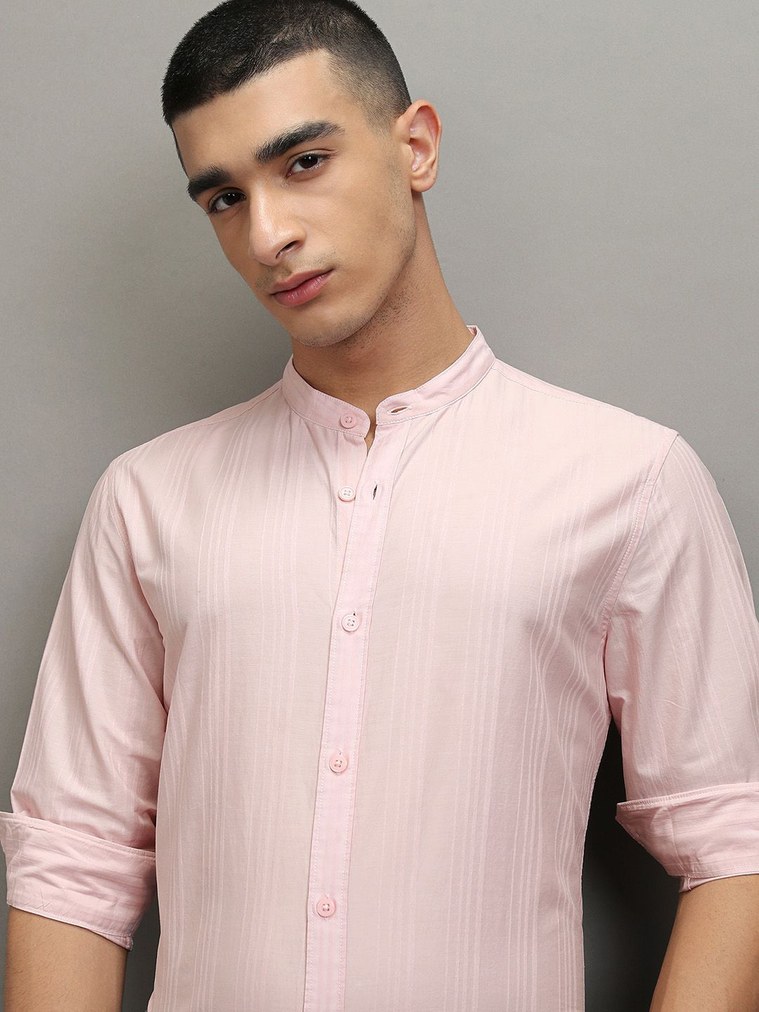 Highlander Men Light Pink Dobby Textured Solid Mandarin Collar Casual Shirt