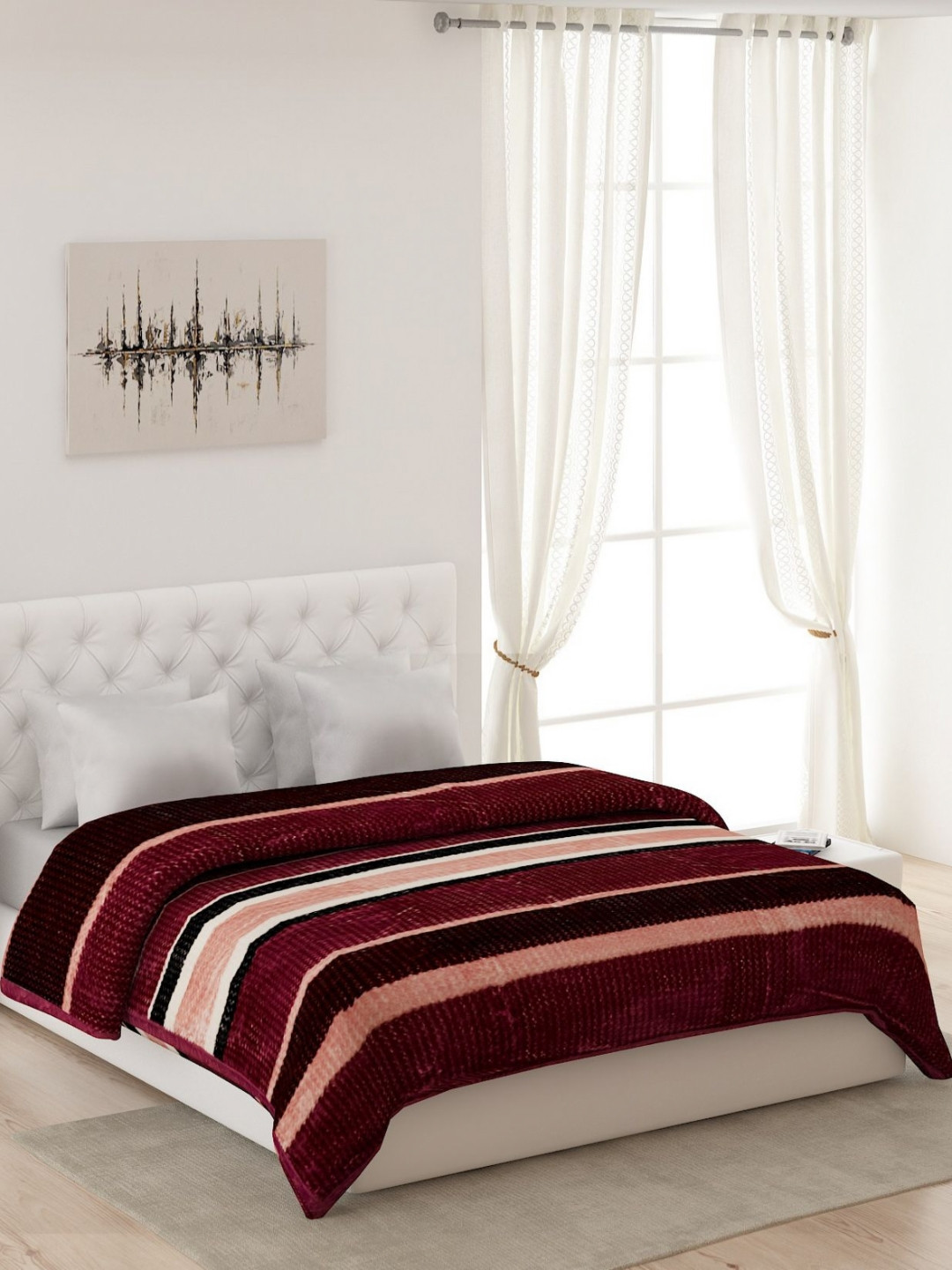 Monte Carlo Maroon & Pink Striped 800 Gsm Mild Winter Double Bed Blanket