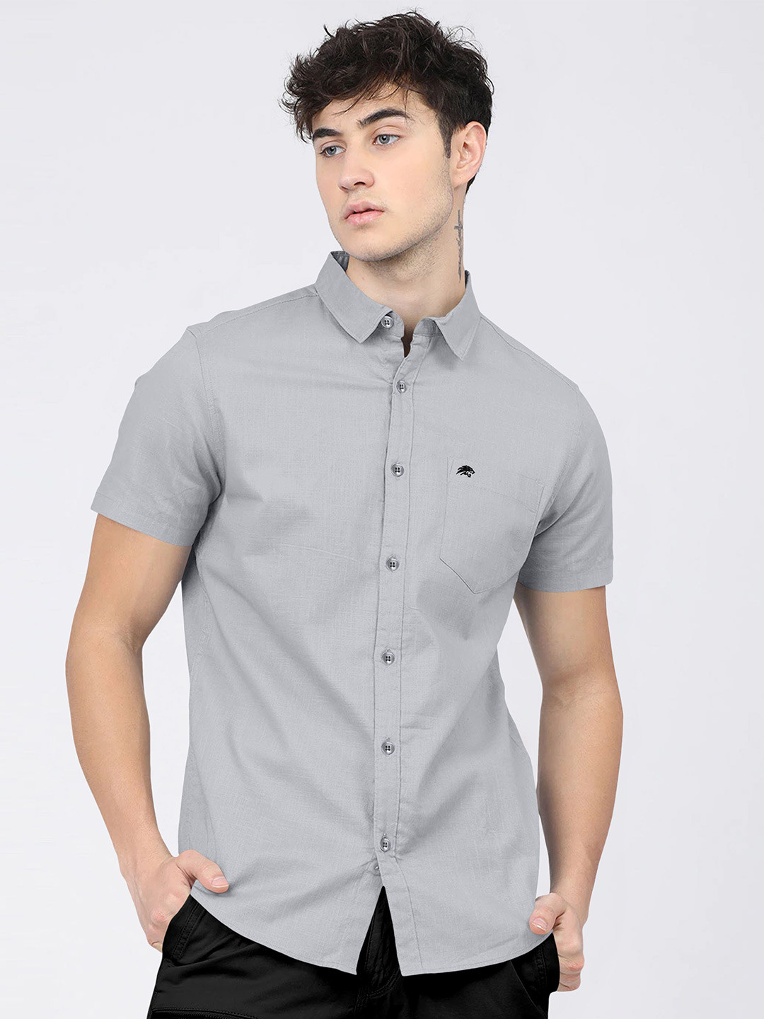 BRUCEWANE Men Standard Spread Collar Solid Cotton Semiformal Shirt