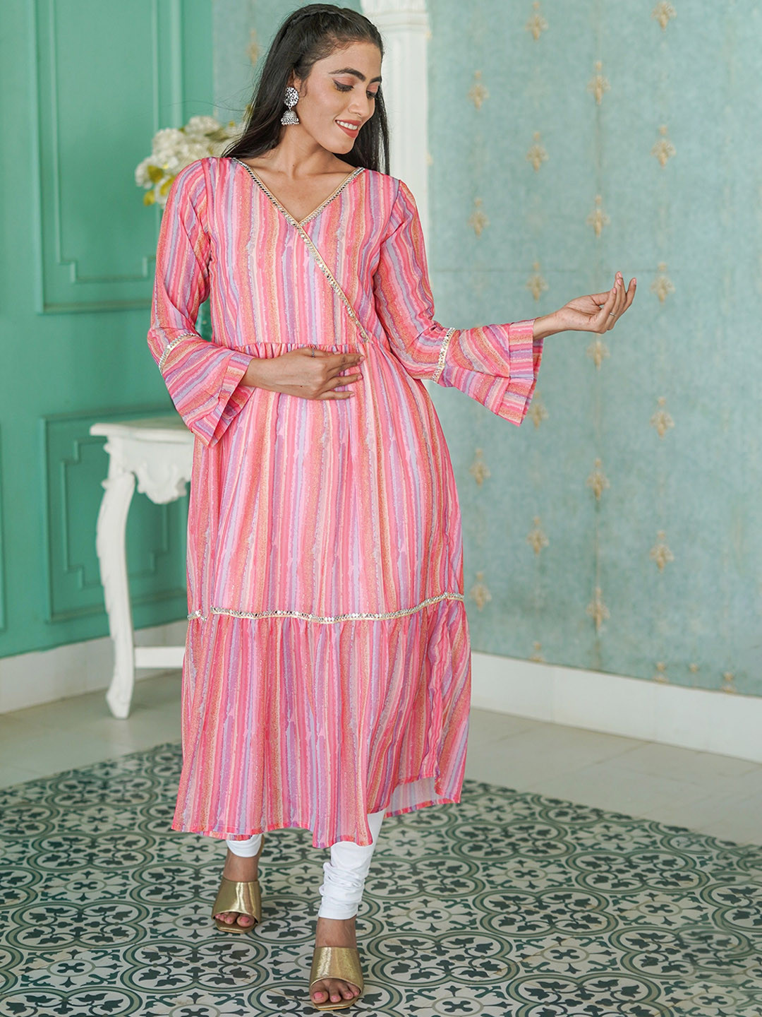 GO BOUJEE Striped Mirror Work Georgette Tiered Anarkali Kurta
