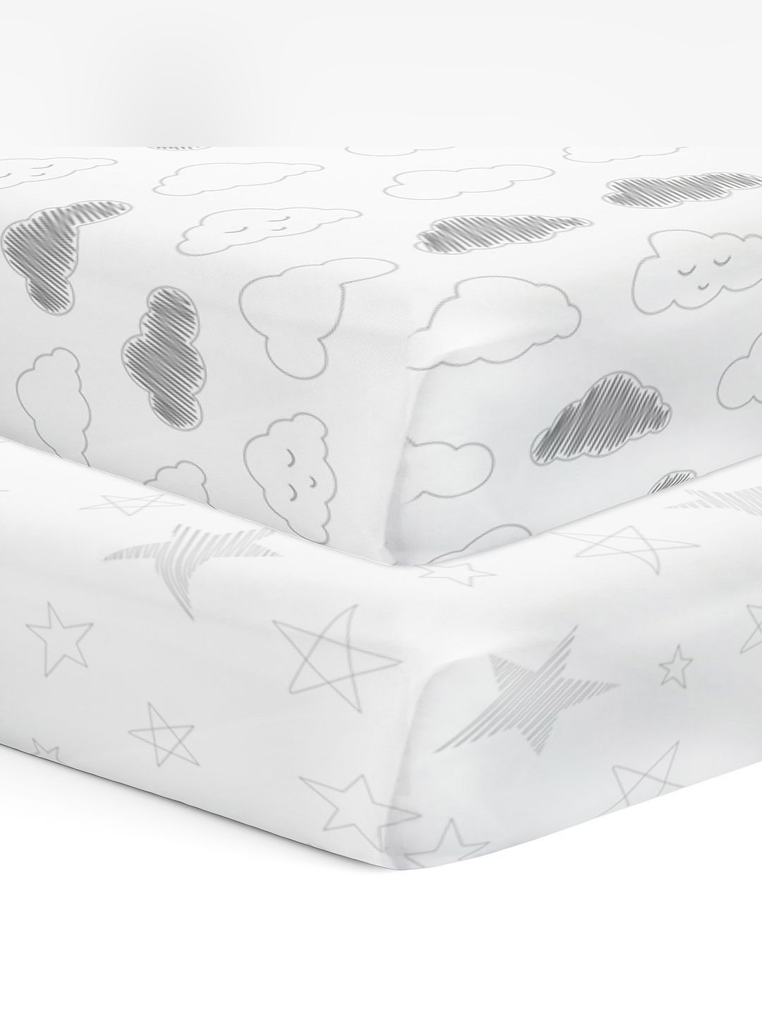 The White Cradle Star & Clouds White Conversational Cotton 120 TC Crib 2 Bedsheet -180 x 120 cm