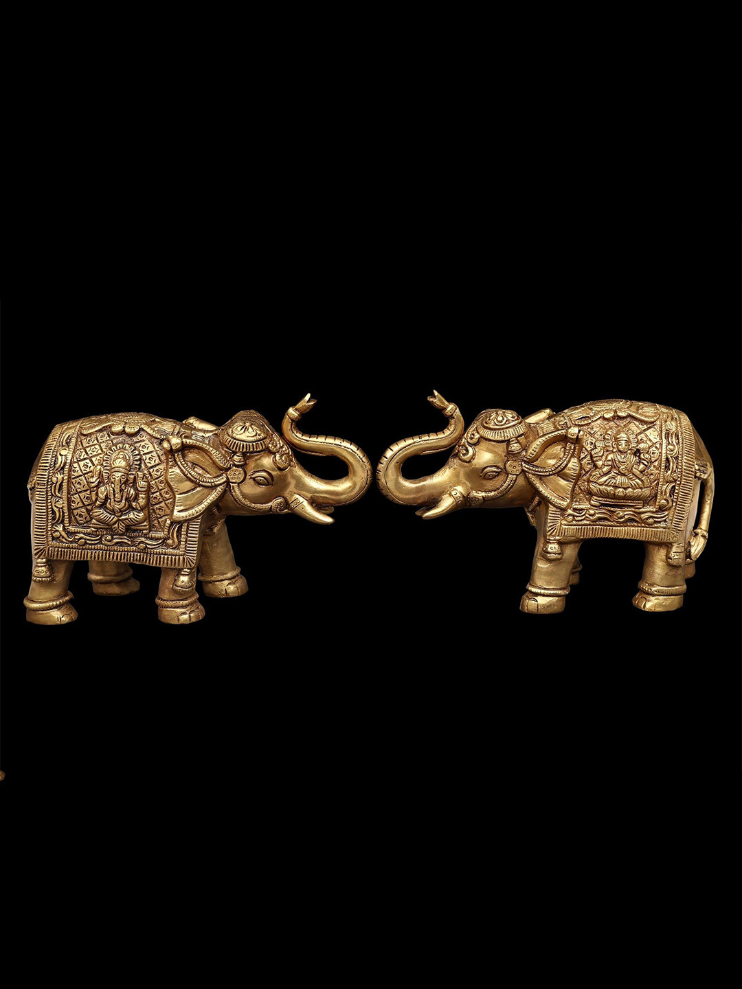 Exotic India Auspicious Gaja Elephant Pair with Lakshmi Ganesha Gold Brass Metallic Living Room Hand Made Set of 2 Medium Showpieces - 5 Inches