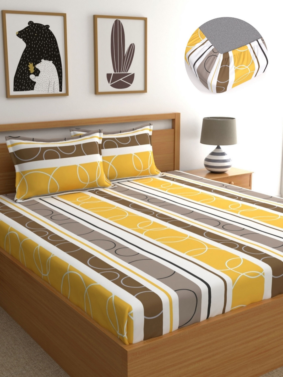 Dreamscape Yellow Striped Microfiber Breathable 144 TC Fitted King Bedsheet with 2 Pillow Covers-72 x 78 inches