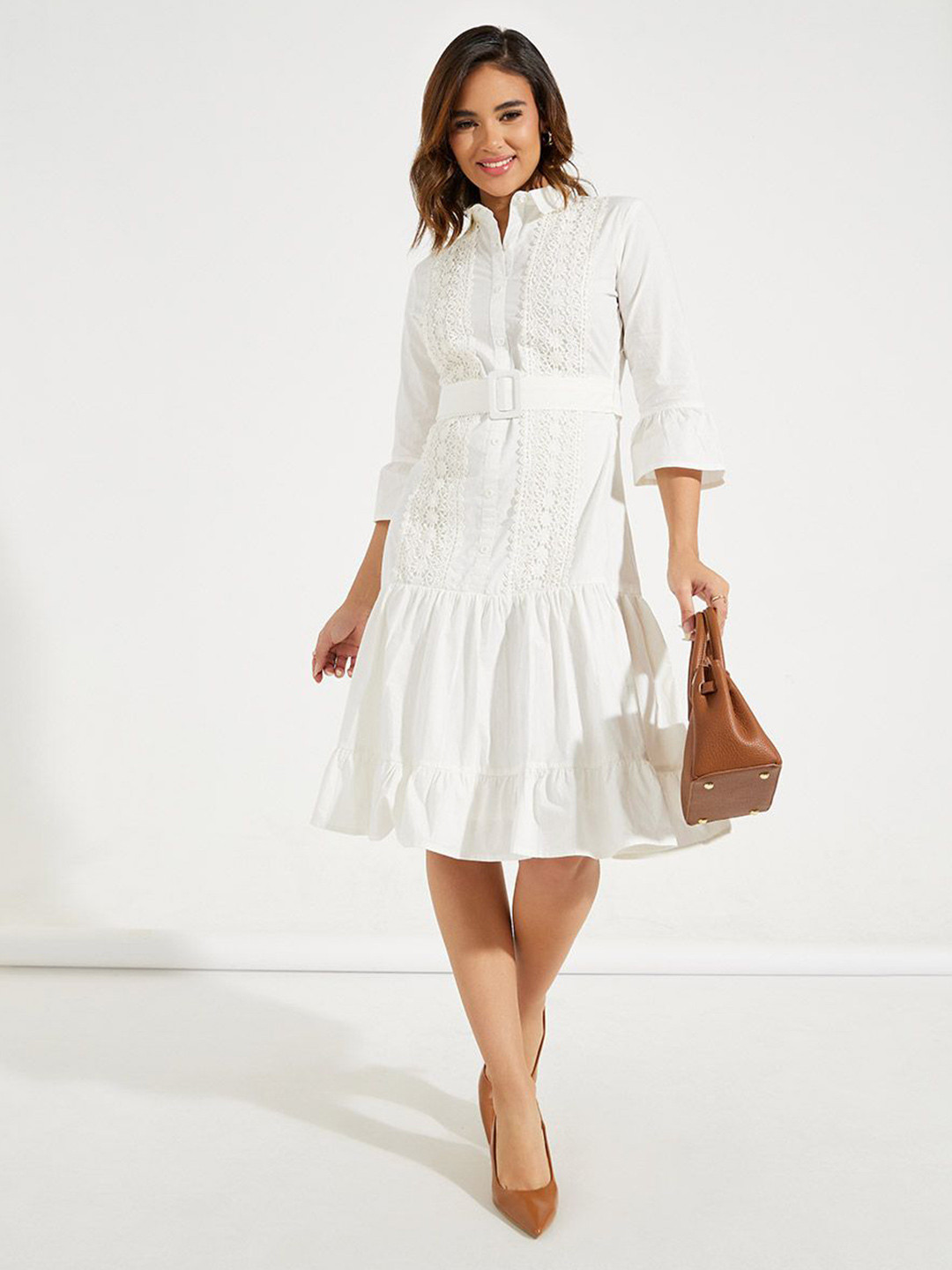 Styli Embroidered Lace Trim Belted Shirt Knee Length Dress