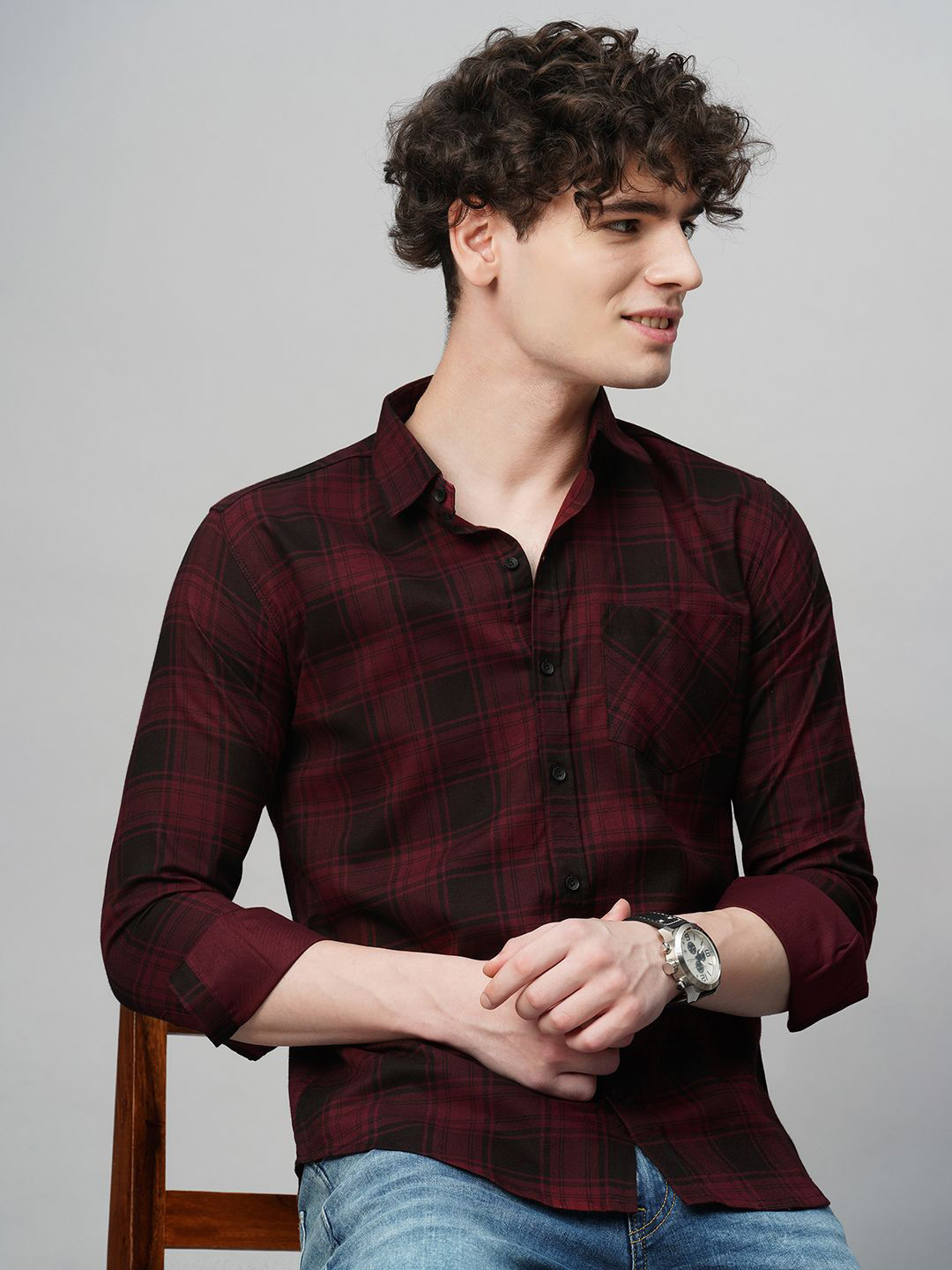 TRYBUY.IN Men Comfort Spread Collar Tartan Checked Cotton Party Shirt