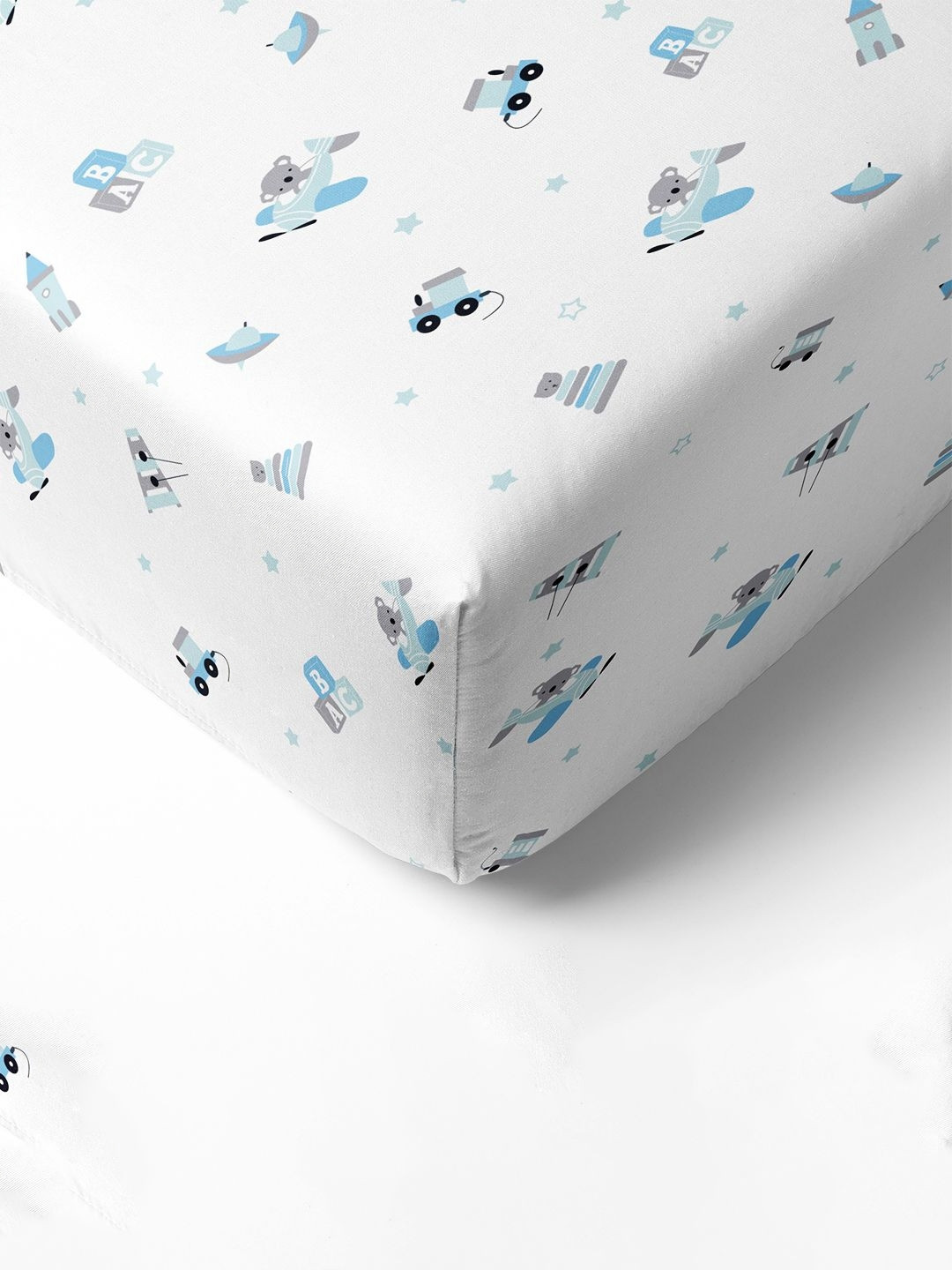 The White Cradle Blue Graphic Cotton Skin-Friendly 120 TC Fitted Crib Bedsheet -52 x 28 inches