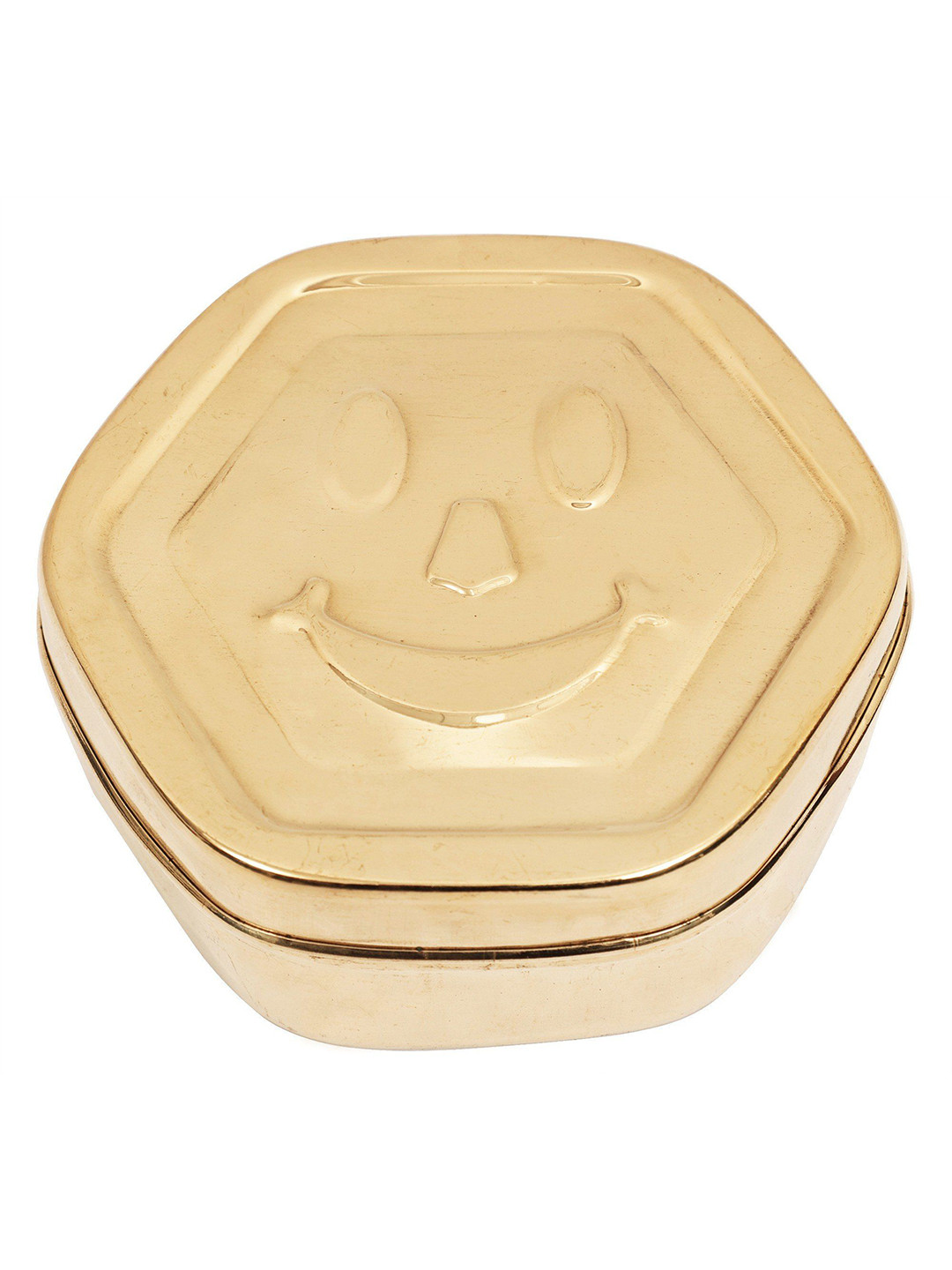 Exotic India Smiley Face Handmade Brass Easy to Clean Lunch Box With Spoon and Fork