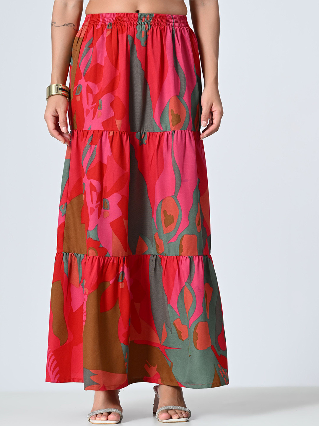 BAESD Women's Multicolor Tie-Dye Ankle Length Printed Tiered Maxi Skirt