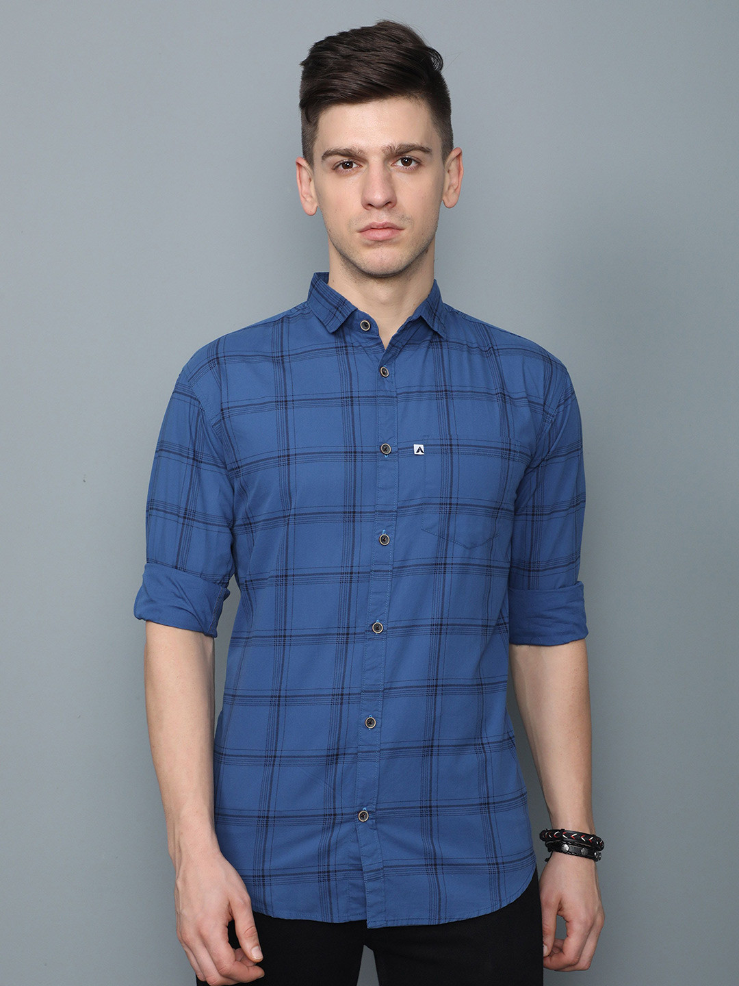 AIDAN PAUL Men Comfort Spread Collar Windowpane Checked Cotton Casual Shirt