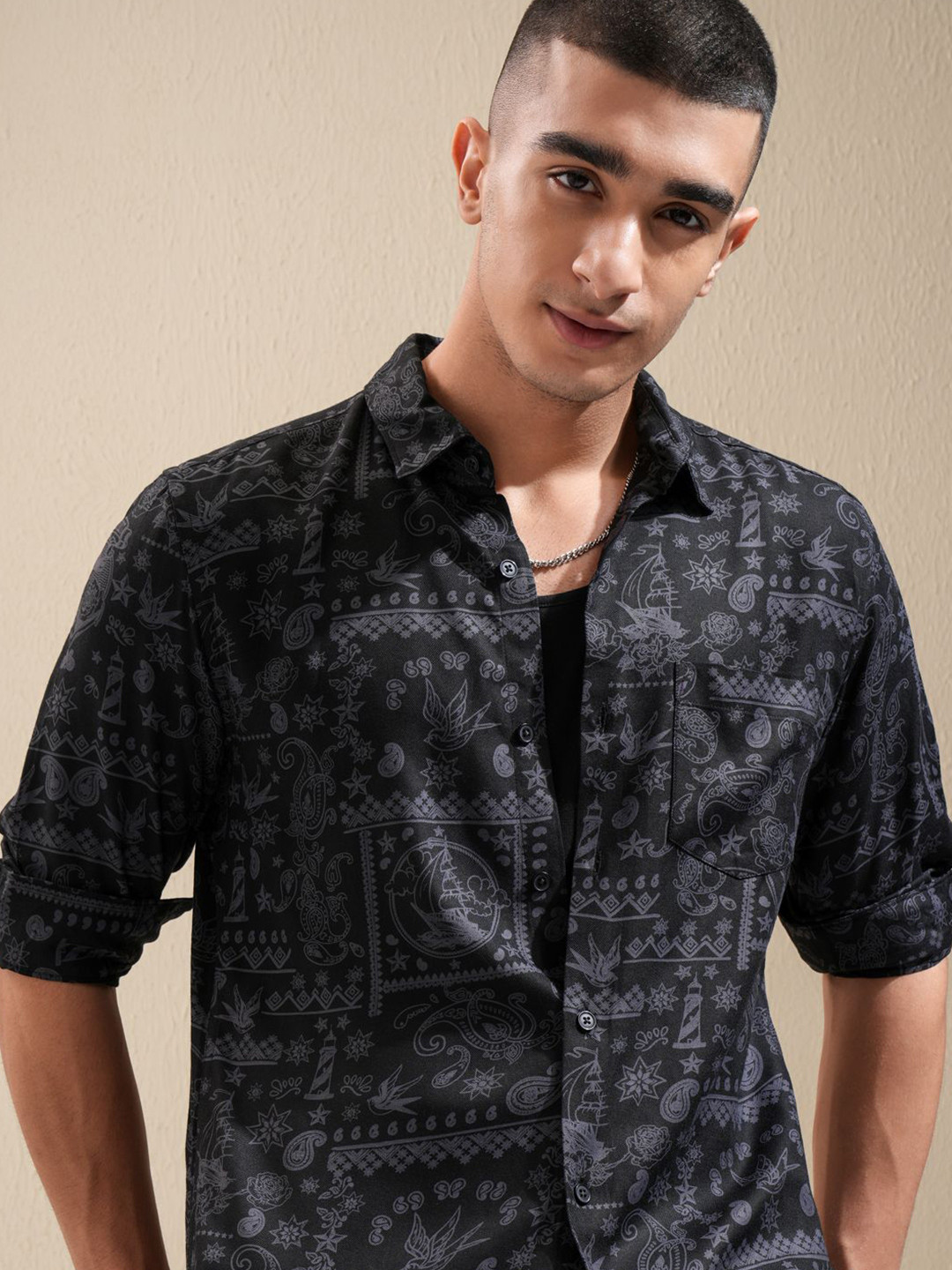 Highlander Men Black All Over Printed Oversized Shirt
