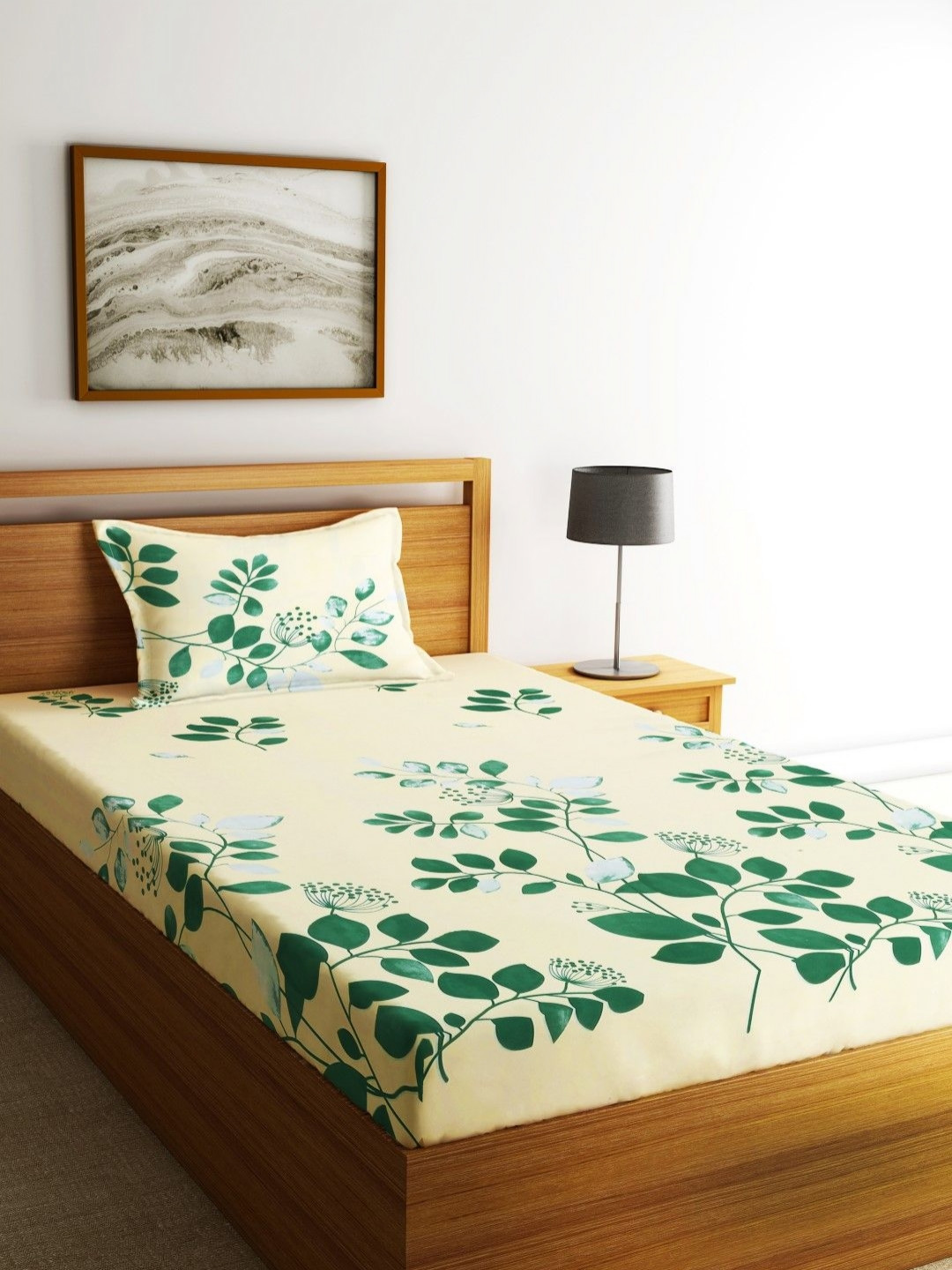 Fashion String Green Floral Microfiber 144 TC Single Bedsheet with a Pillow Cover-55 x 85 inches