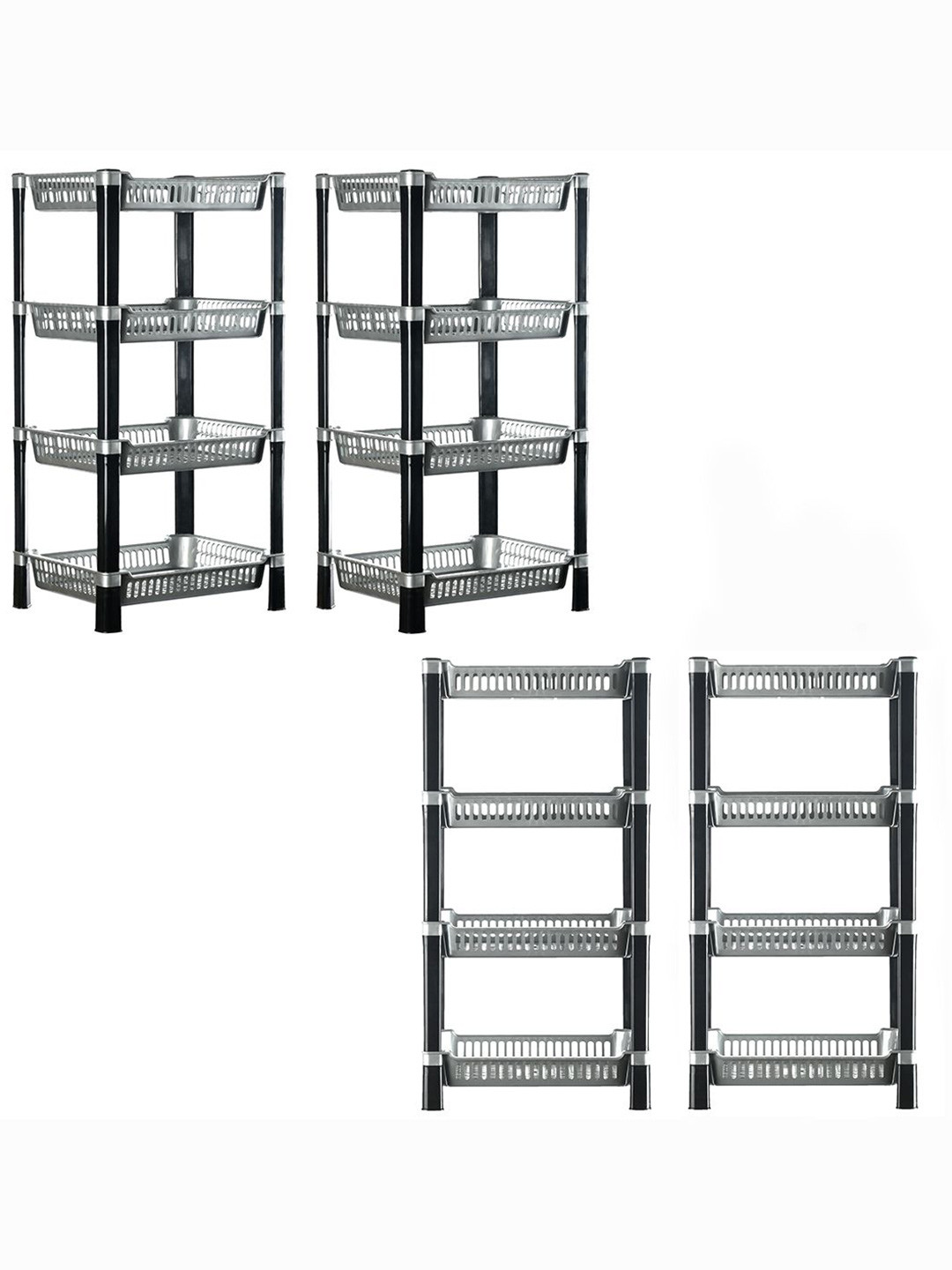 Kuber Industries Silver Toned & Black 4 Pieces Multipurpose 4 Tier Racks For Storage