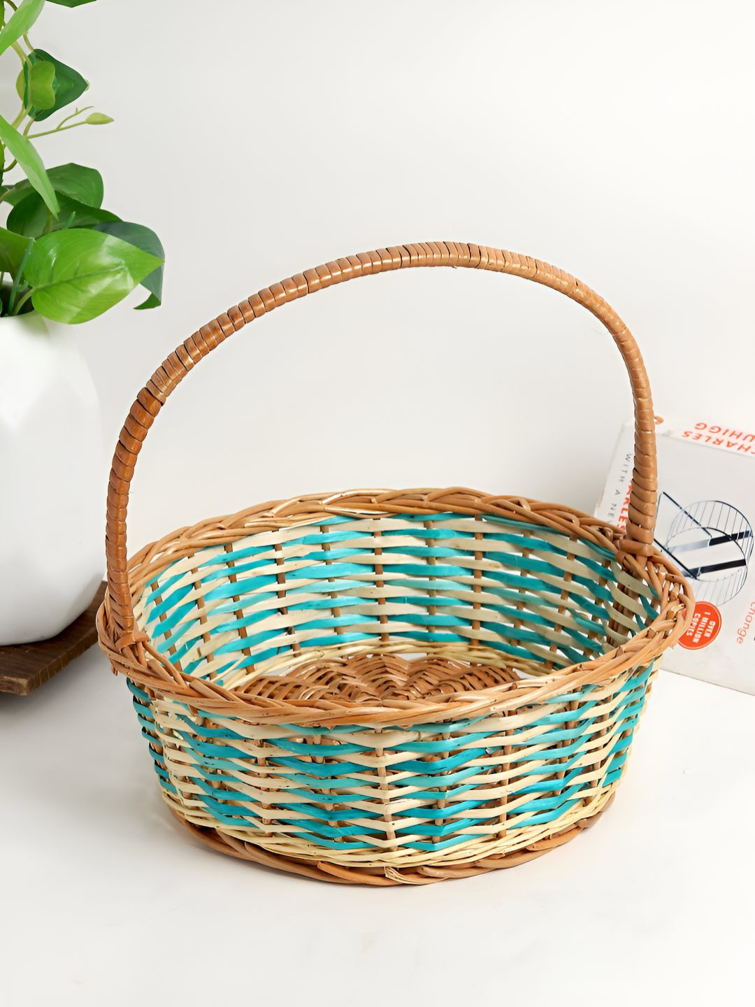 HABERE INDIA Blue and Beige Light Weight Fruit Basket With Handle