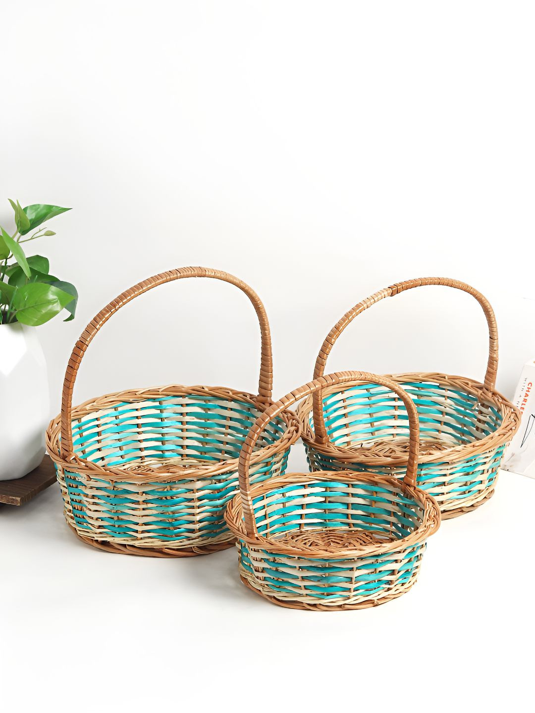 HABERE INDIA Blue & Brown 3 Pieces Textured Fruit Basket