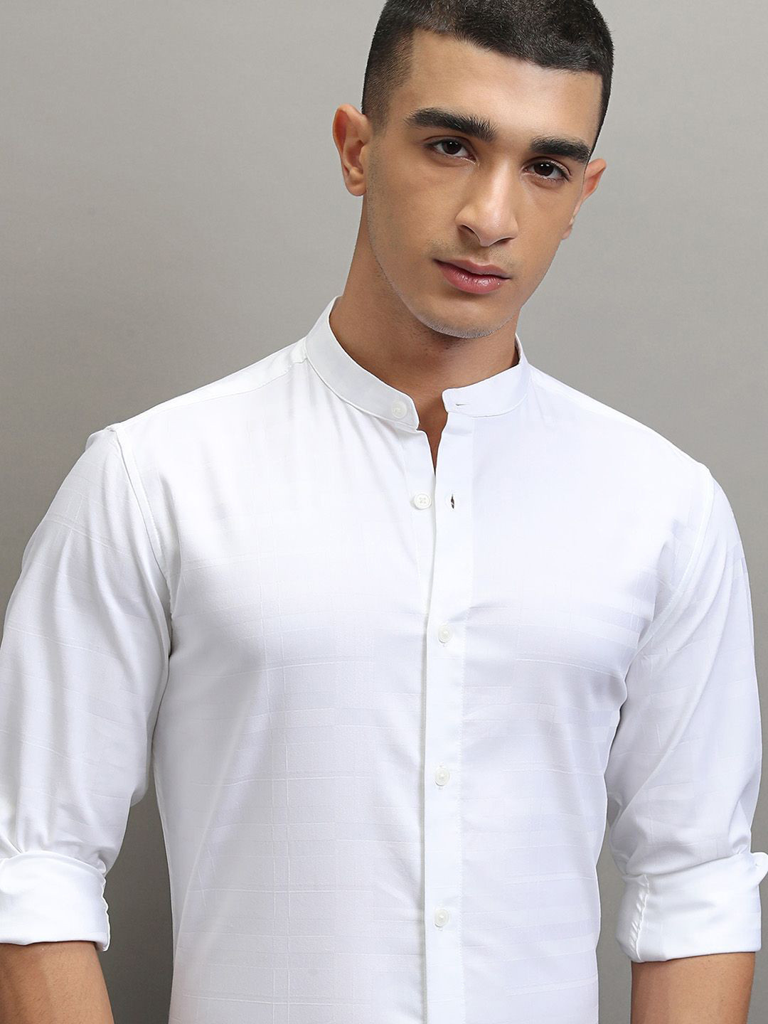 Highlander Men White Dobby Textured Solid Mandarin Collar Multi Occasion Shirt