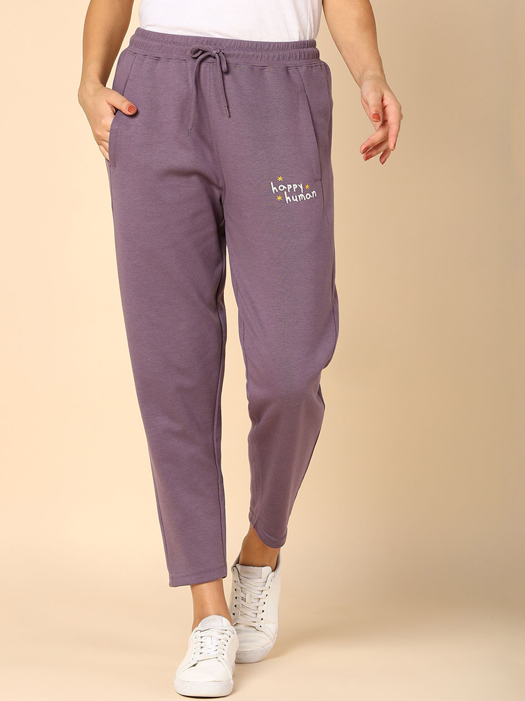 Alan Jones Women Purple Solid Comfort Fit Cotton Ankle Length Mid-Rise Track Pants