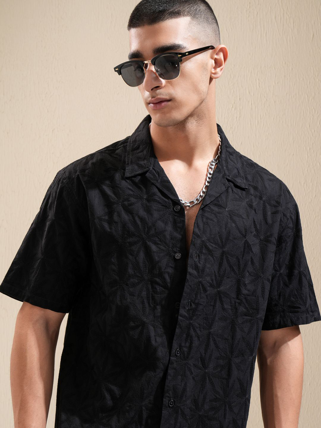 Highlander Men Black Embroidered Cuban Collar Relaxed Shirt