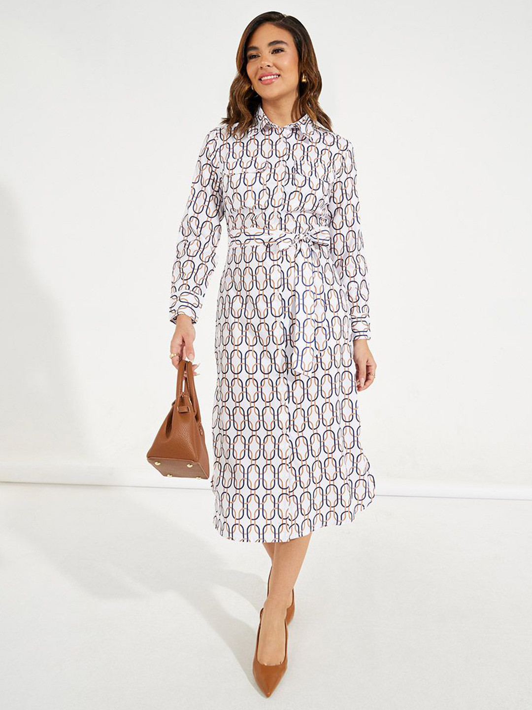 Styli Multi All Over Print Shirt Midi Dress with Tie Belt