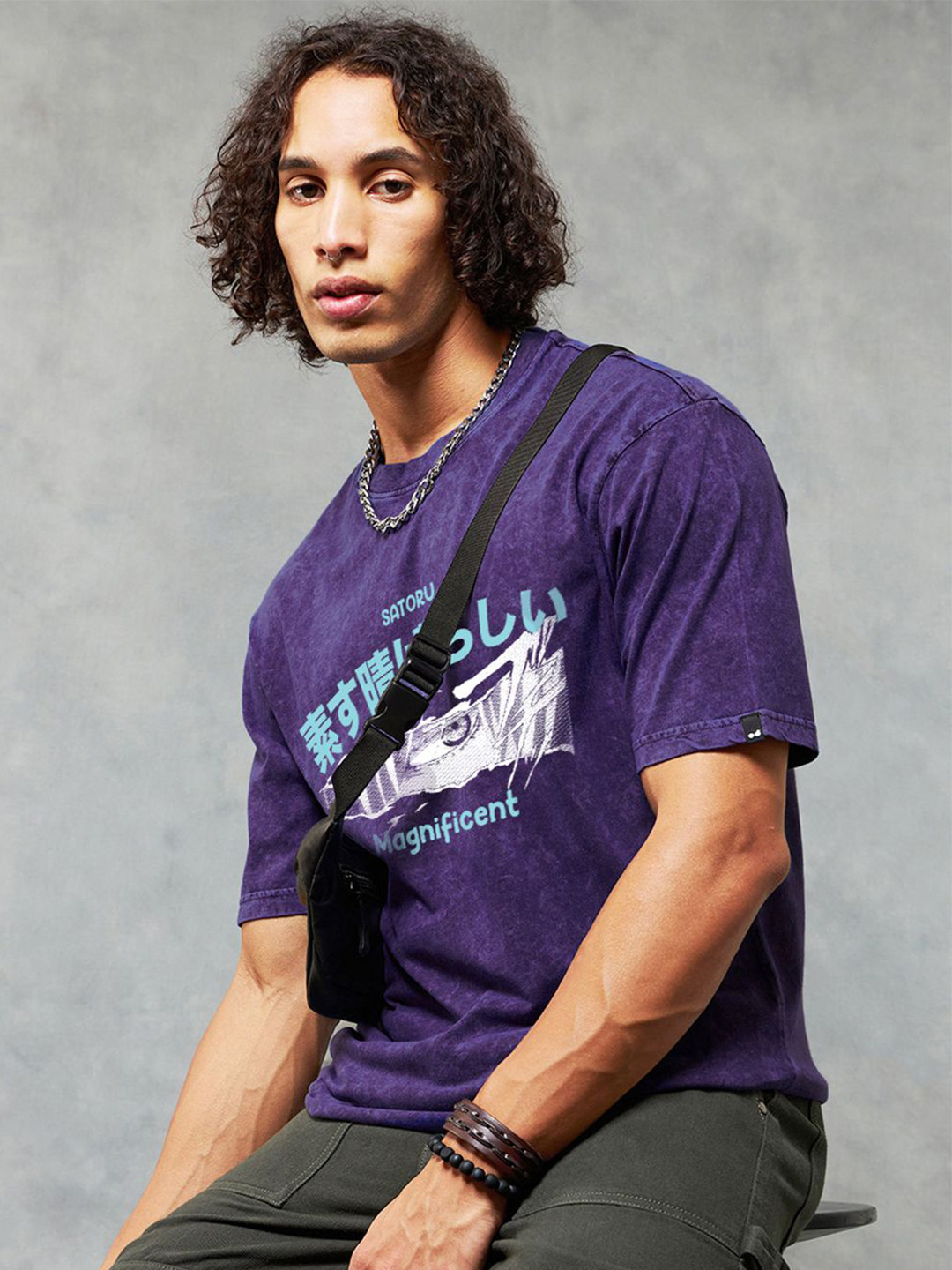 Bewakoof Men Skipper Blue Graphic Printed Oversized Acid Wash T-shirt