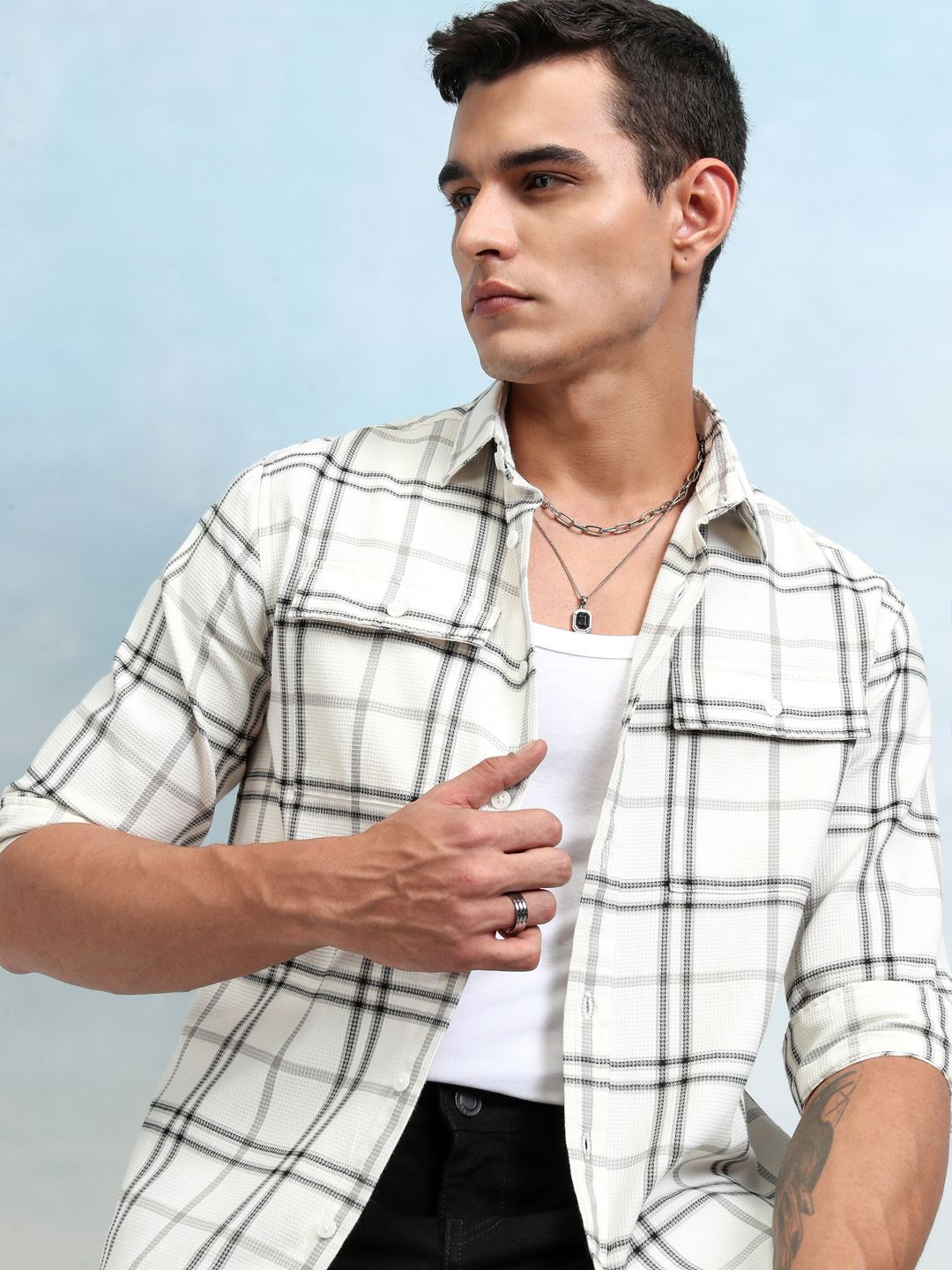 Highlander Men Off Mini Waffle Dobby Textured Checked Utility Pocket Relaxed Shirt