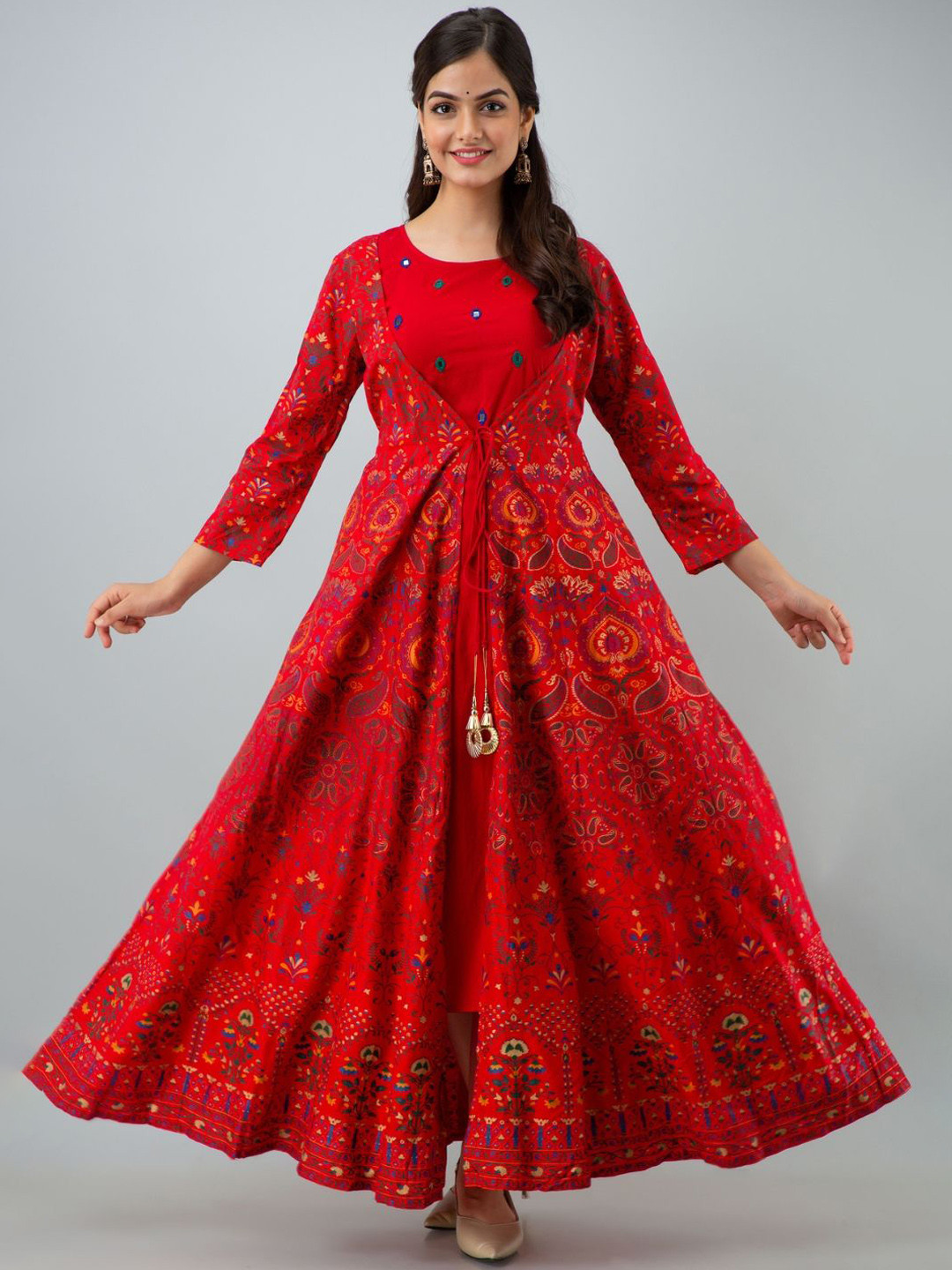 Jaipurite Floral Printed Embroidered Mirror Work Maxi Dress