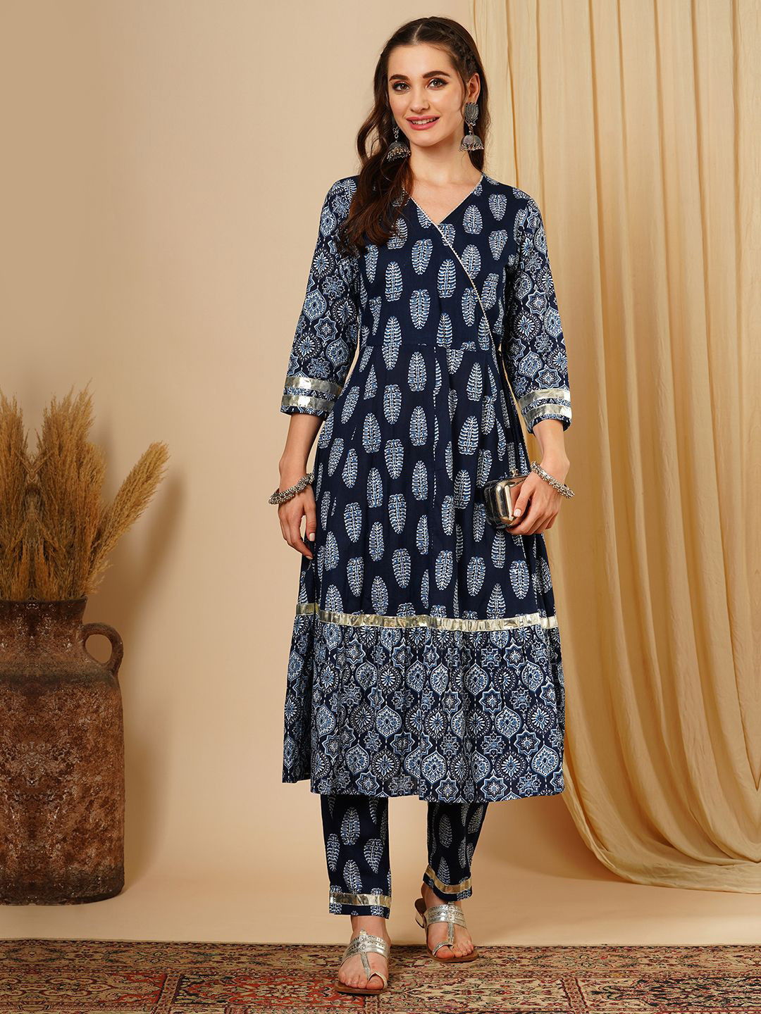 Globus Blue Ethnic Motifs Printed Angrakha Gotta Patti Pure Cotton Kurta with Trousers