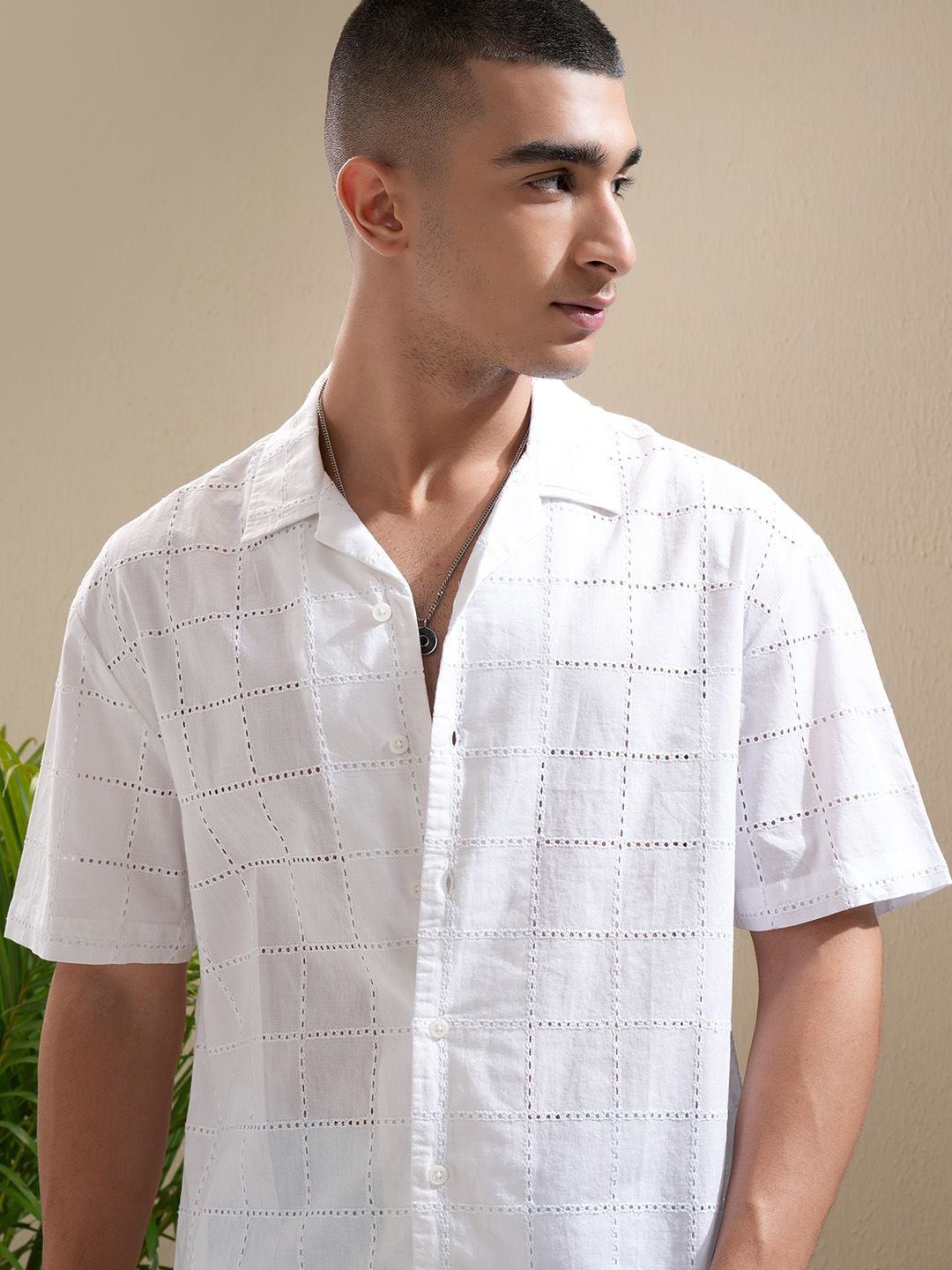 Highlander Men White Solid Hakoba Schiffli Cuban Collar Relaxed Shirt