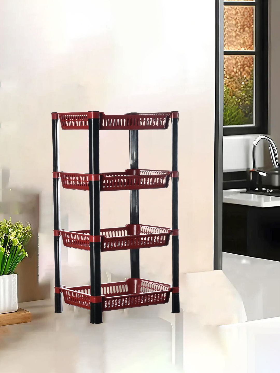 Kuber Industries Maroon & Black Long Lasting 4 Tier Kitchen Organiser